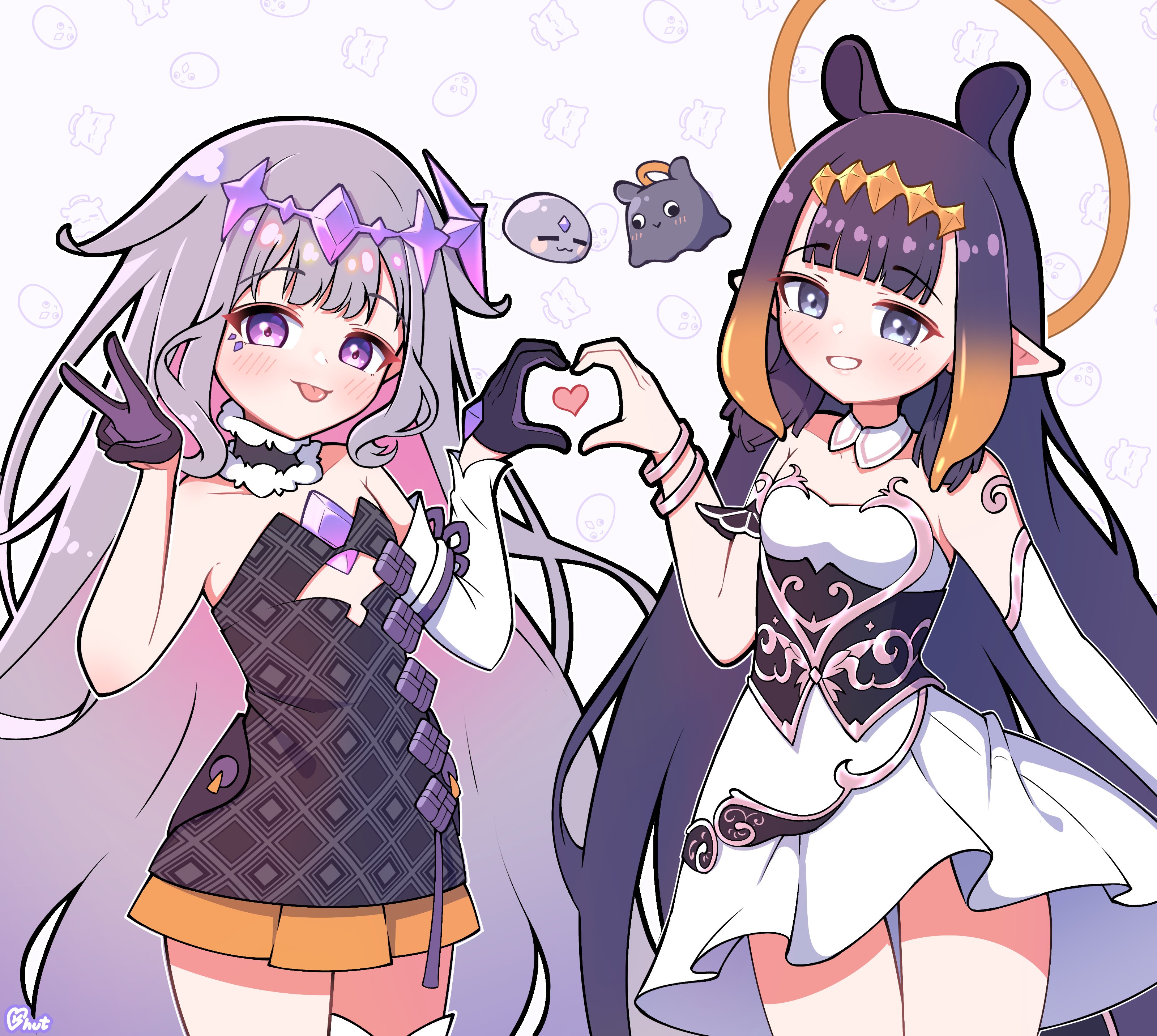 shutowl, koseki bijou, koseki bijou (1st costume), ninomae ina'nis, ninomae ina'nis (1st costume), pebble (koseki bijou), takodachi (ninomae ina'nis), holoadvent, hololive, hololive english, holomyth, absurdres, highres, blue eyes, blunt bangs, chest jewel, cosplay, costume switch, diamond hairband, dress, face jewel, gem, gem hair ornament, grey hair, halo, halo behind head, hand jewel, heart, jewel under eye, long hair, looking at viewer, pointy ears, purple eyes, purple gemstone, purple hair, simple background, smile, strapless, strapless dress, tentacle hair, tube dress, v, virtual youtuber, white background