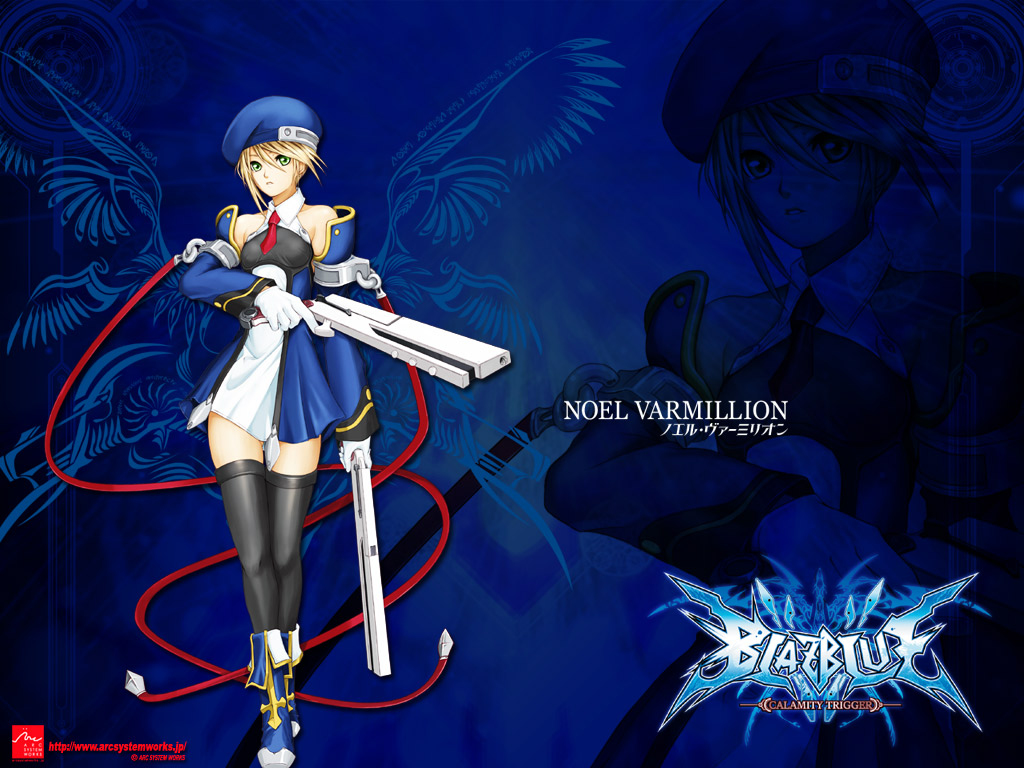 noel vermillion, arc system works, blazblue, official art, official wallpaper, 1girl, beret, blonde hair, female focus, gloves, green eyes, gun, hat, solo, thighhighs, weapon, white gloves