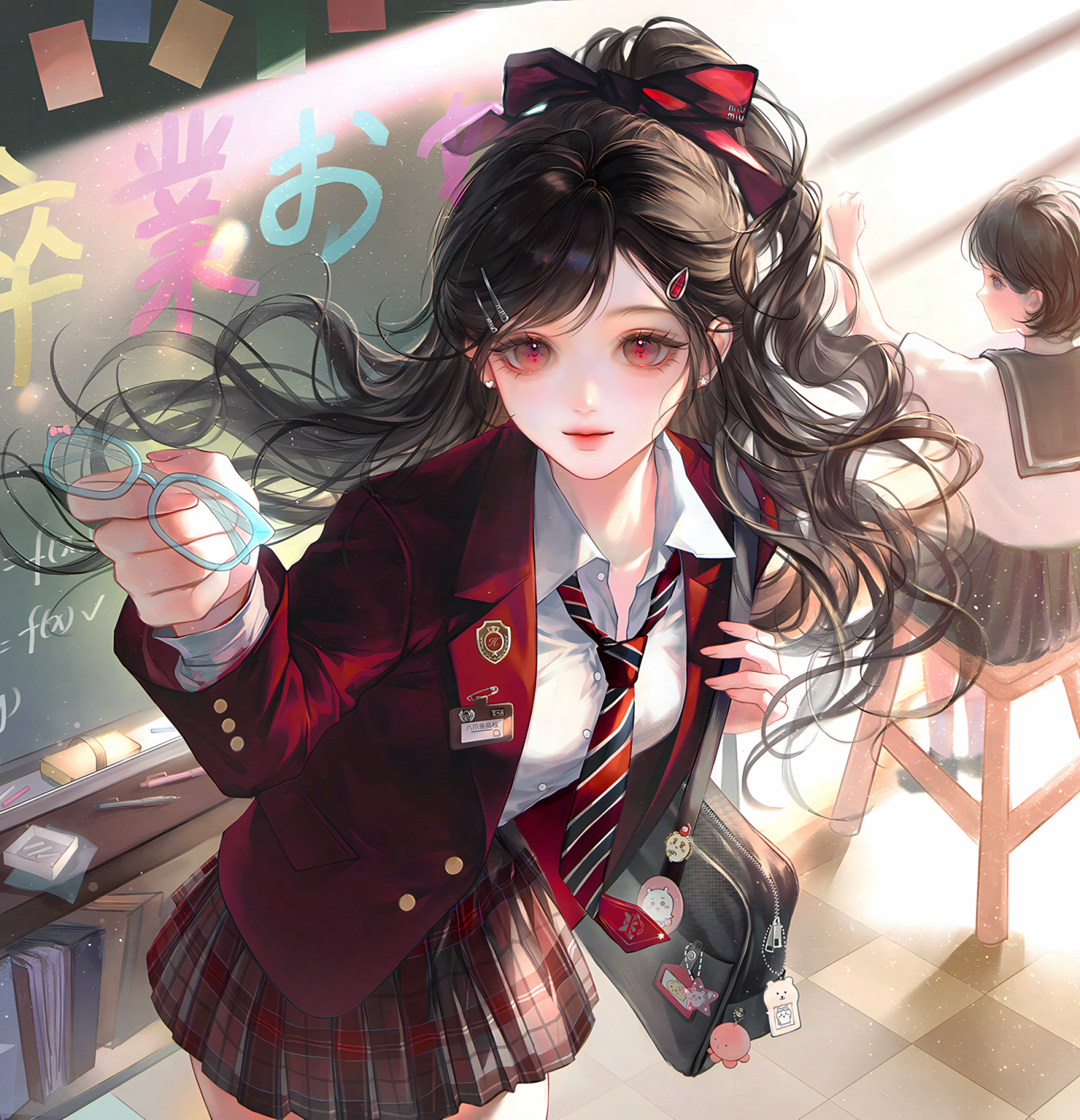 original, highres, large variant set, variant set, 2girls, bag, black hair, blazer, bow, chalkboard, classroom, glasses, hair bow, hair ornament, hairclip, holding, indoors, jacket, ling0, long hair, looking at viewer, multiple girls, necktie, plaid clothes, plaid skirt, pleated skirt, ponytail, red eyes, red jacket, school bag, school uniform, shirt, skirt, white shirt
