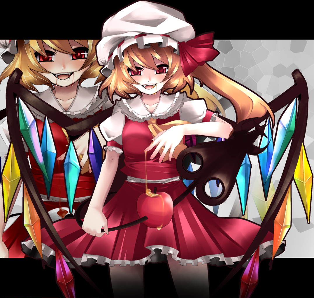 kozue, yukibina, flandre scarlet, touhou, bad id, bad pixiv id, 1girl, apple, blonde hair, fang, fangs, female focus, food, fruit, hat, mob cap, ponytail, ribbon, short hair, solo, standing, zoom layer