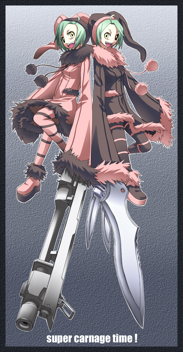 mendou saya, luki, noki, dogs: bullets & carnage, bad id, bad pixiv id, highres, green hair, gun, hat, knife, short hair, weapon, yellow eyes
