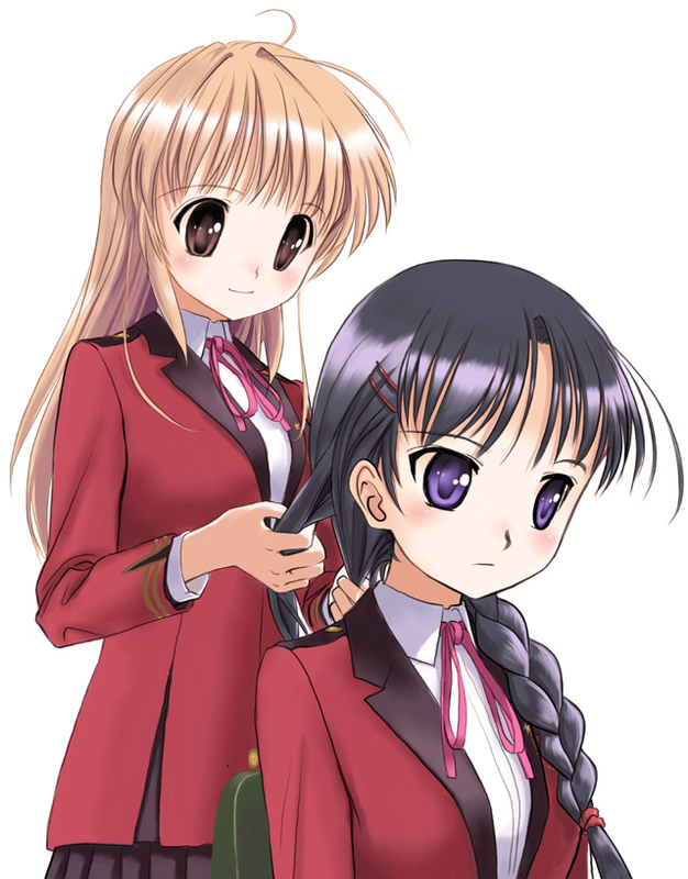 kuze kiriha, yuuki haruna, fortune arterial, 2girls, black hair, blonde hair, braid, brown eyes, hairdressing, long hair, multiple girls, ponytail, purple eyes