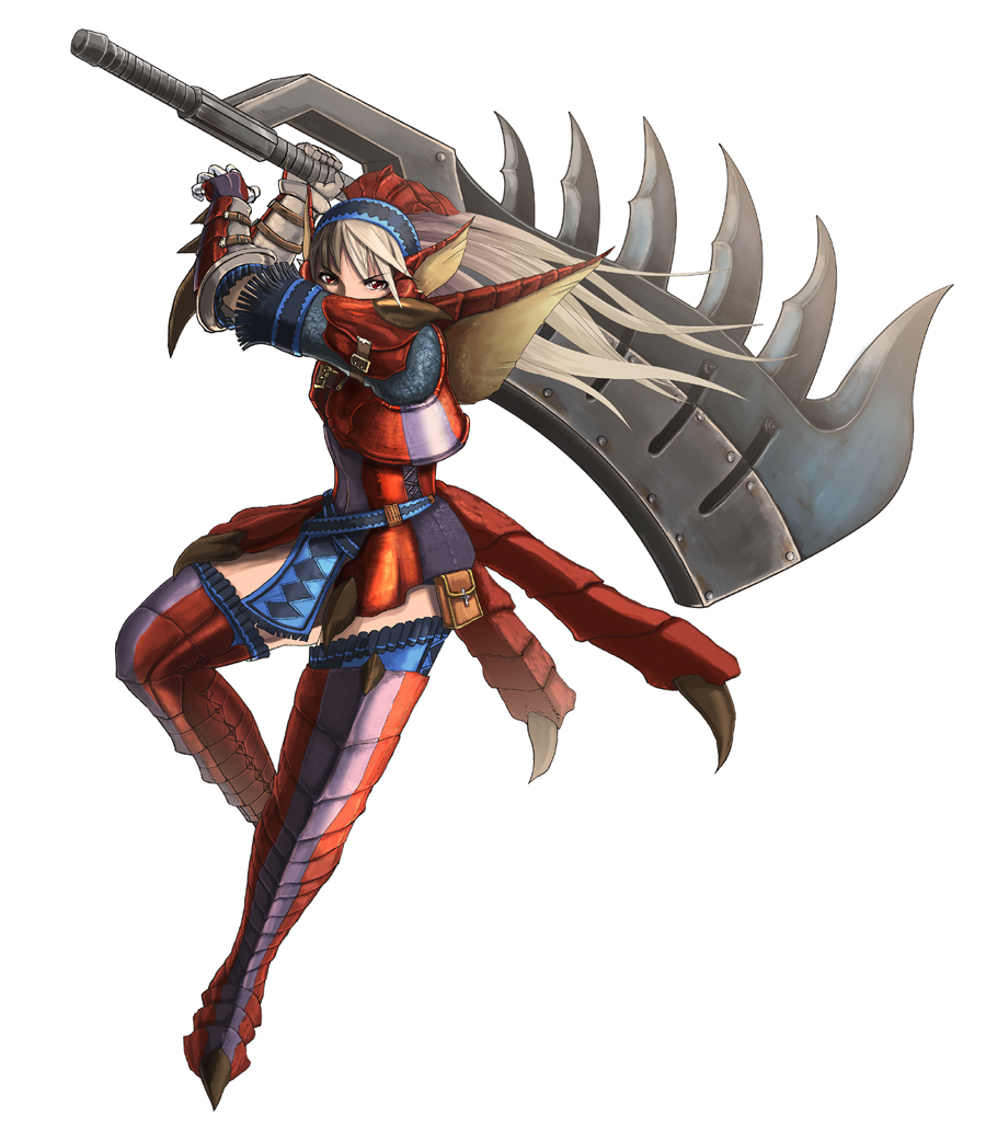 tekkaman, capcom, monster hunter (series), bad id, bad pixiv id, armor, blonde hair, gloves, rathalos (armor), red eyes, solo, thighhighs, weapon, zettai ryouiki