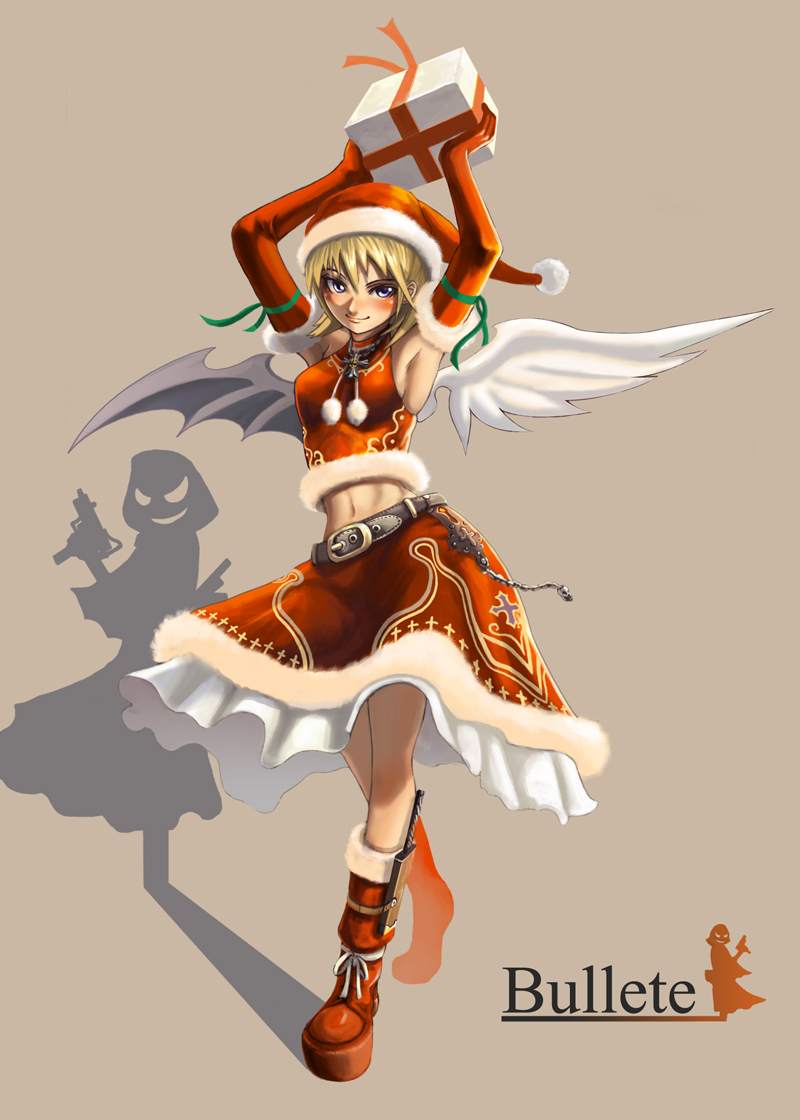 tekkaman, b.b. hood, capcom, darkstalkers, bad id, bad pixiv id, 1girl, blonde hair, blue eyes, blush, dress, female focus, gift, gun, holding, holding gift, red dress, shadow, solo, typo, weapon, wings