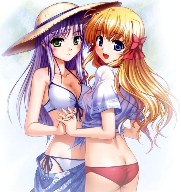 bekkankou, feena fam earthlight, sendou erika, august soft, fortune arterial, yoake mae yori ruri iro na, 2girls, ass, bikini, blonde hair, blue eyes, breasts, butt crack, cleavage, company connection, crossover, front-tie top, green eyes, hat, holding hands, long hair, looking at viewer, looking back, lowleg, lowleg bikini, multiple girls, open mouth, purple hair, sarong, shirt, side-tie bikini bottom, smile, straw hat, swimsuit, tied shirt, yuri