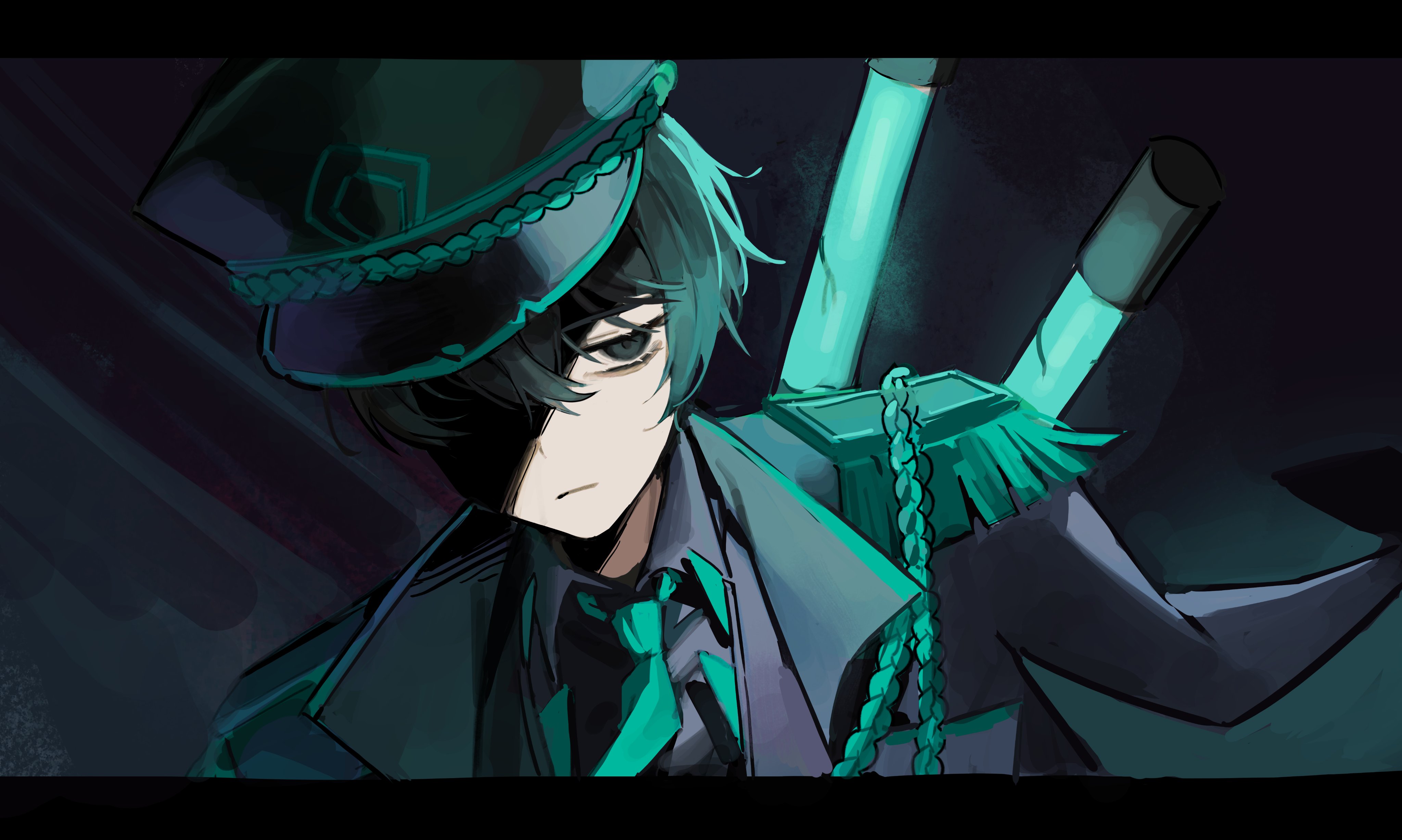 may.l, yi sang (project moon), limbus company, project moon, absurdres, highres, 1boy, aiguillette, aqua hair, aqua necktie, black border, black coat, black eyes, black hair, black hat, black shirt, blind obsession (e.g.o), border, coat, collared shirt, e.g.o (project moon), epaulettes, fluorescent lamp, grey background, hat, looking at viewer, male focus, multicolored hair, necktie, peaked cap, shirt, simple background, solo, upper body