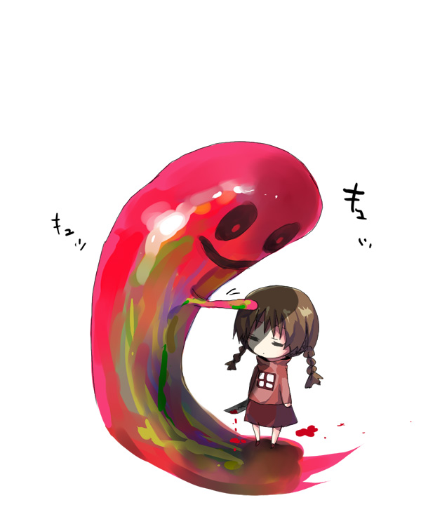 hanepochi, kyukkyu-kun, madotsuki, yume nikki, 1girl, blood, blood drip, blood on ground, braid, brown hair, closed eyes, headpat, knife, no nose, petting, pink shirt, purple skirt, raised eyebrows, shirt, skirt, twin braids