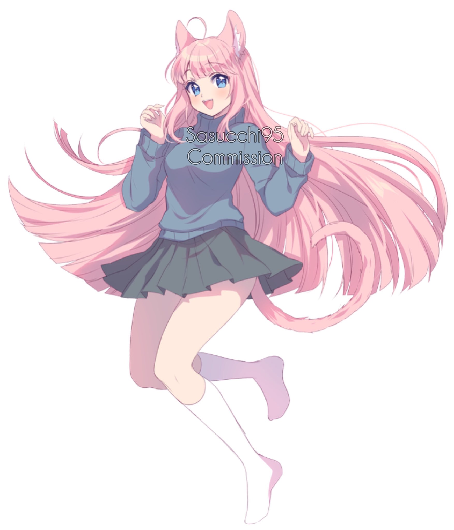 sasucchi95, original, commentary, commission, english commentary, highres, 1girl, :d, ahoge, animal ear fluff, animal ears, artist name, blue eyes, blue sweater, blunt bangs, blunt ends, blush, breasts, cat ears, cat girl, cat tail, fangs, full body, grey skirt, hair between eyes, hands up, kneehighs, knees together feet apart, long hair, long sleeves, looking at viewer, miniskirt, no shoes, open mouth, pink hair, pink tail, pleated skirt, puffy long sleeves, puffy sleeves, sidelocks, simple background, skirt, small breasts, smile, socks, solo, standing, standing on one leg, sweater, tail, teeth, tongue, turtleneck, turtleneck sweater, upper teeth only, very long hair, watermark, white background, white socks