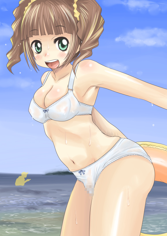 takatsuki yayoi, idolmaster, idolmaster (classic), 00s, 1girl, bra, brown hair, censored, female focus, green eyes, innertube, lingerie, open mouth, panties, see-through clothes, solo, swim ring, twintails, underwear, underwear only, wet