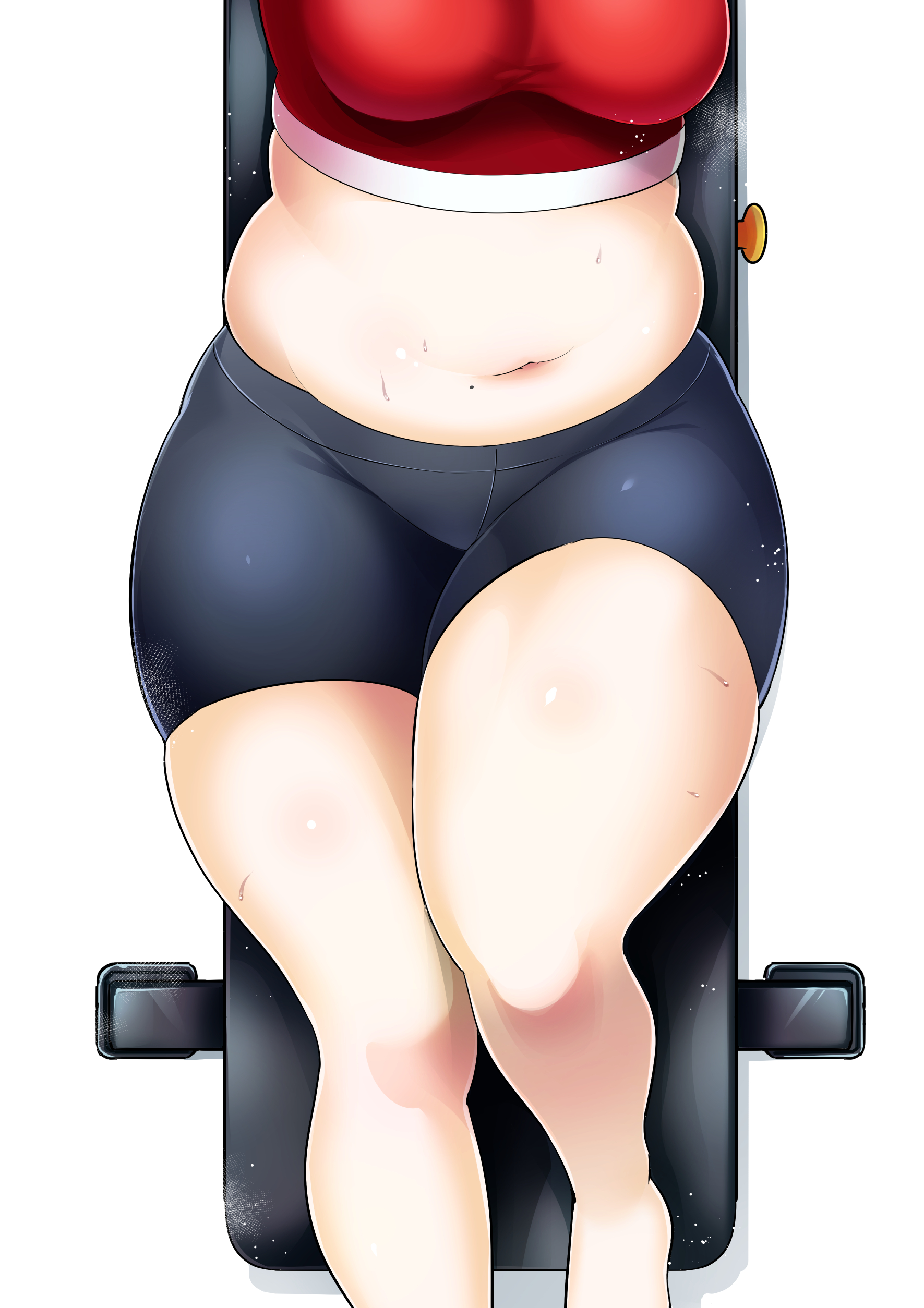 hinoharaf (14310486), absurdres, commentary request, highres, 1girl, big mukimuki & small muchimuchi, black shorts, breasts, feet out of frame, medium breasts, mole, mole on stomach, navel, plump, shadow, shorts, solo, sweat, thick thighs, thighs, white background