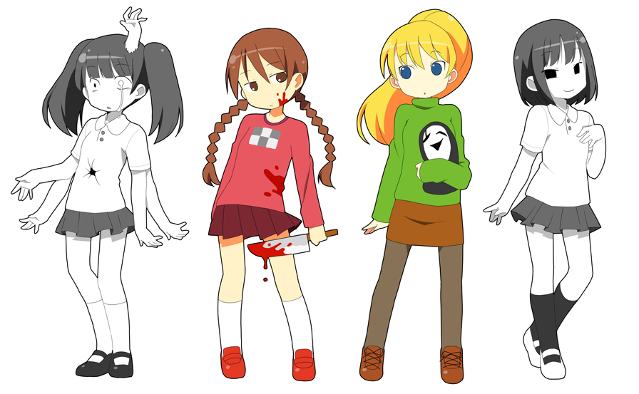 azuharu, azumi haruhito, madotsuki, monoe, monoko, poniko, uboa, yume nikki, white legwear, bad id, bad pixiv id, 4girls, :o, arm behind back, black socks, blood, bloody weapon, blue eyes, braid, brown eyes, brown hair, character doll, dagger, doll, green shirt, head tilt, kneehighs, knife, loafers, mary janes, monster, multiple girls, pantyhose, parted lips, pink shirt, pleated skirt, ponytail, purple skirt, raised eyebrows, shirt, shoes, skirt, socks, standing, twin braids, weapon