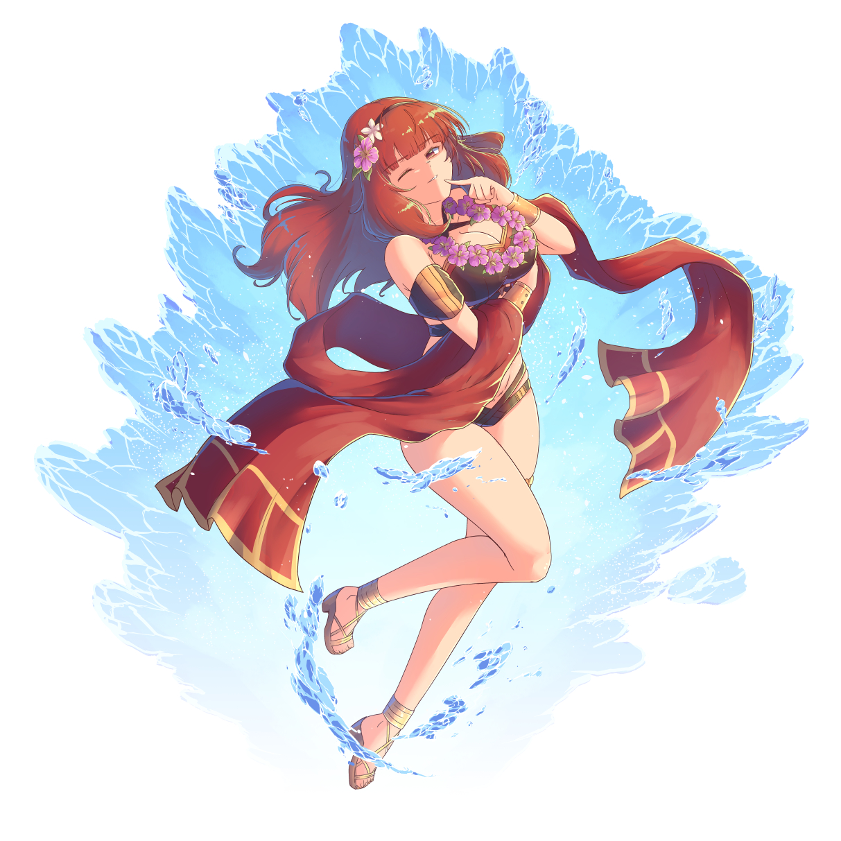 cat with a brush, celica (fire emblem), celica (summer) (fire emblem), fire emblem, fire emblem echoes: shadows of valentia, fire emblem heroes, nintendo, highres, 1girl, bikini, breasts, brown bikini, cleavage, flower, flower hairband, flower necklace, full body, jewelry, looking at viewer, necklace, smile, solo, swimsuit, white background