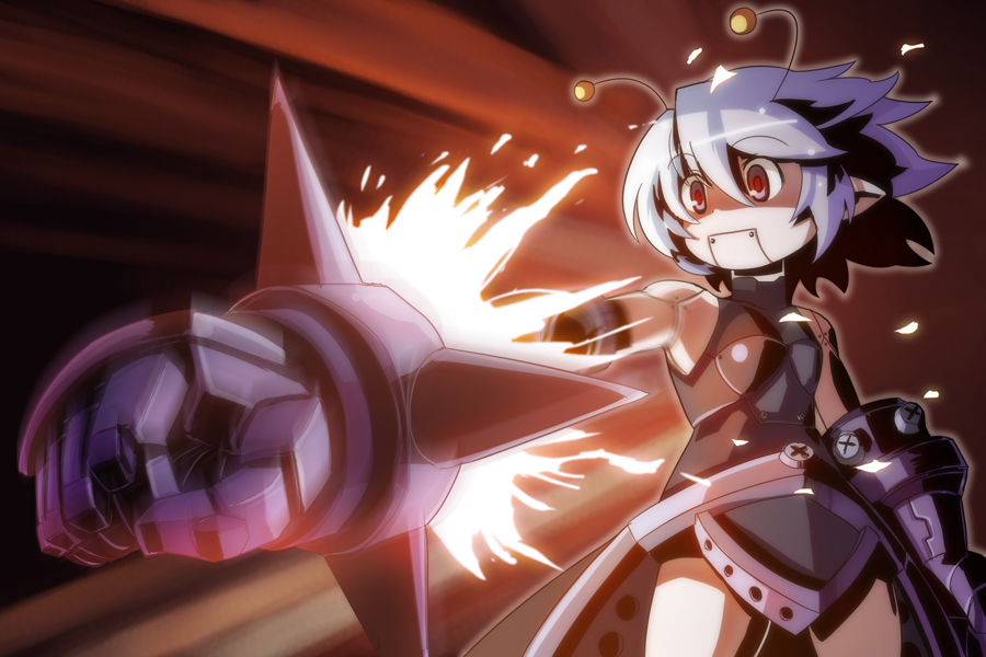 edobox, artemisia (pixiv fantasia), pixiv fantasia, pixiv fantasia 2, 1girl, android, antennae, blue hair, female focus, red eyes, robot, rocket fist, rocket punch, short hair, solo