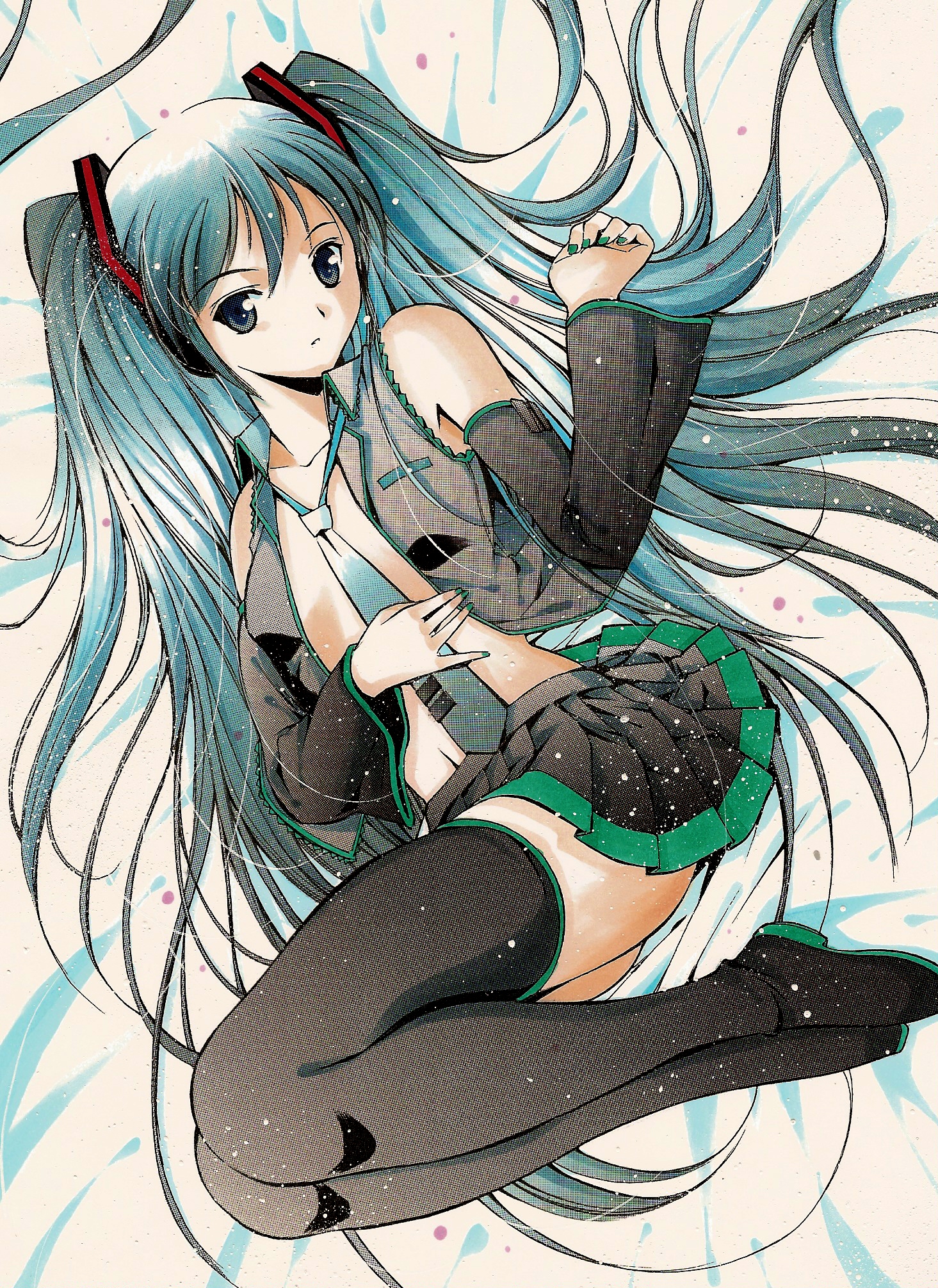 moonsorrow, hatsune miku, vocaloid, bad id, bad pixiv id, highres, traditional media, aqua hair, boots, detached sleeves, long hair, lying, navel, necktie, open clothes, open shirt, screentones, shirt, solo, thigh boots, thighhighs, twintails, zettai ryouiki