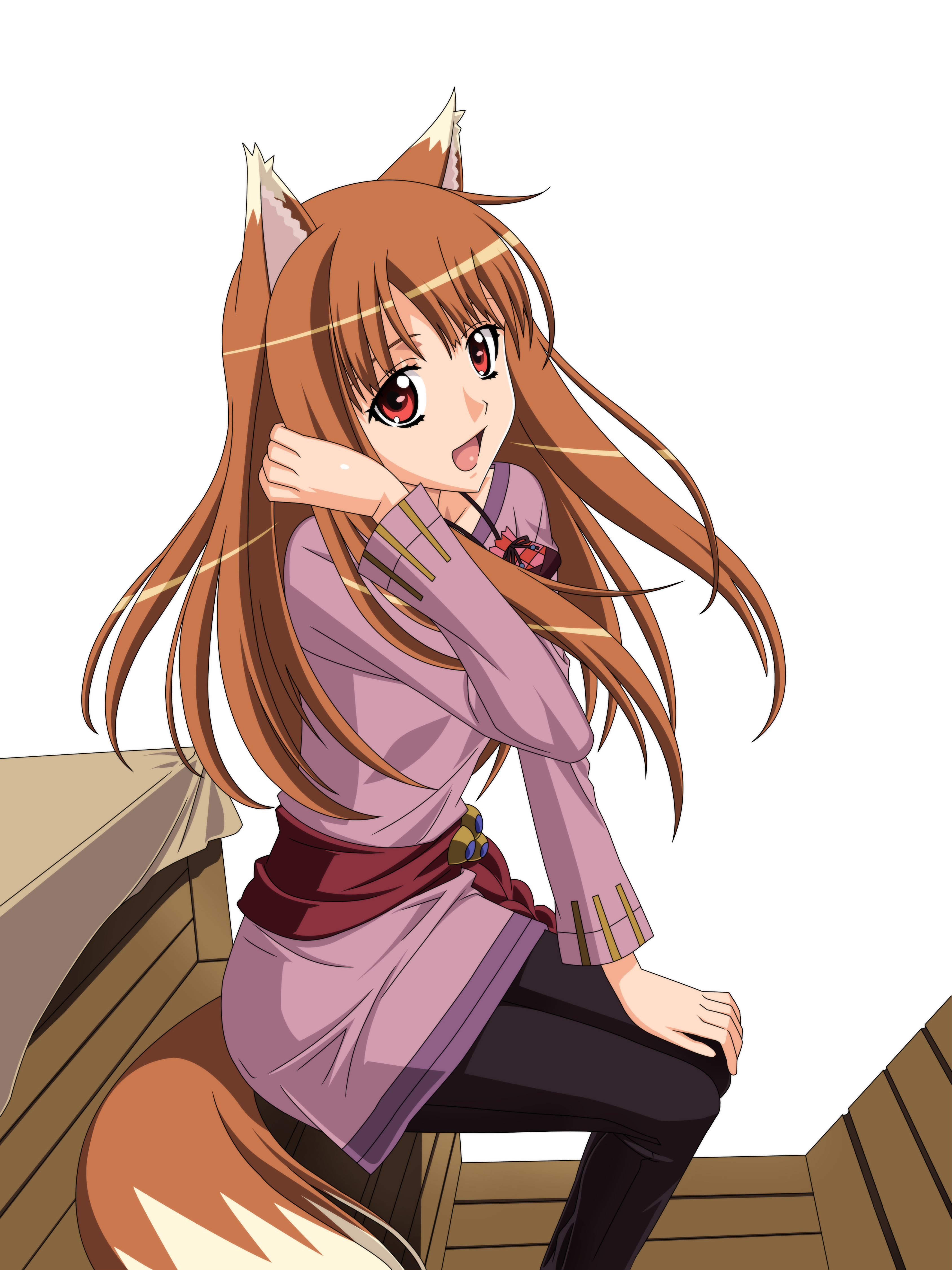 kuroda kazuya, holo, spice and wolf, absurdres, derivative work, highres, official art, vector trace, 00s, 1girl, :d, adjusting hair, animal ears, bag, breasts, brown hair, female focus, from side, hand on own knee, happy, jewelry, long hair, long sleeves, looking at viewer, looking back, necklace, open mouth, pants, red eyes, sash, sitting, small breasts, smile, solo, tail, transparent background, tunic, wagon, wolf ears, wolf tail