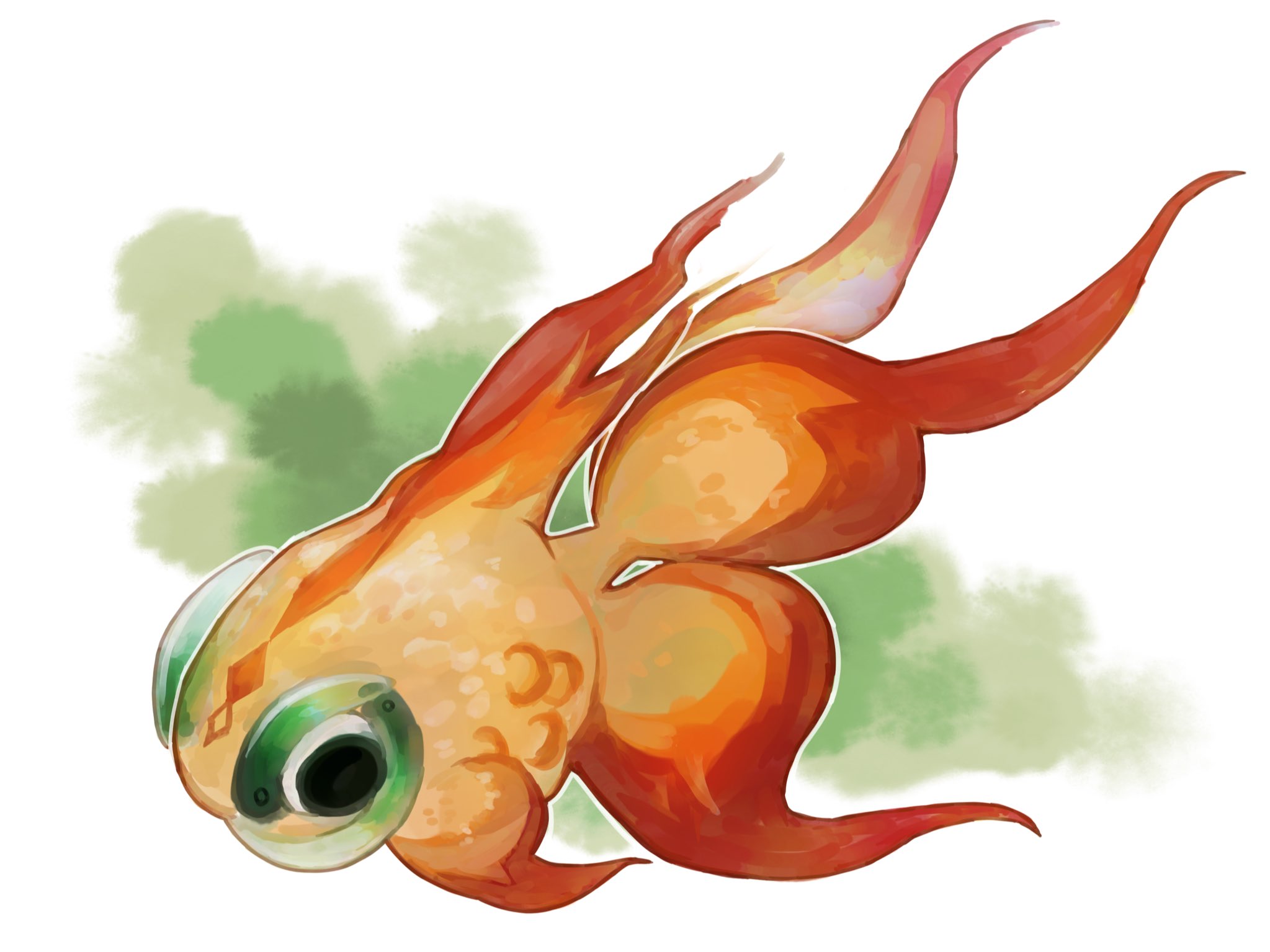 e eee g, chi-yu (pokemon), nintendo, pokemon, highres, animal focus, black eyes, fish, full body, goldfish, no humans, pokemon (creature), pokemon focus, solo, tail