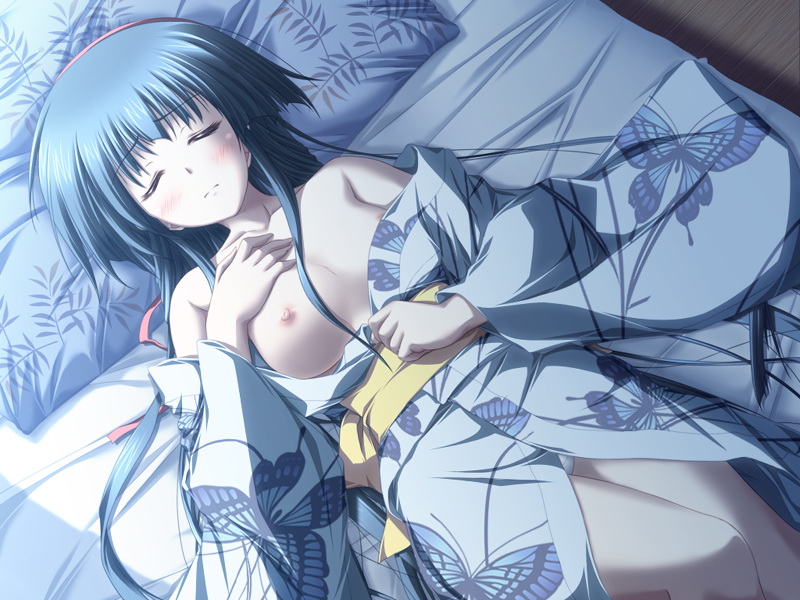 yuuki makoto (radiant), aizawa nadeshiko, haruiro ouse, purple software, game cg, 1girl, blush, breasts, closed eyes, female focus, hairband, japanese clothes, kimono, long hair, lying, nipples, panties, sleeping, solo, underwear, white panties, yukata