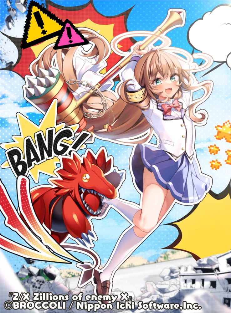 anzu 1026, z/x, official art, 1girl, armband, blazer, blue skirt, bow, bowtie, brown hair, brown shoes, copyright notice, green eyes, hair bow, hammer, holding, holding hammer, jacket, kurashiki sera, long hair, low-tied long hair, mascot, open mouth, outdoors, red bow, red bowtie, shirt, shoes, skirt, sound effects, thighhighs, very long hair, white bow, white jacket, white shirt, white thighhighs