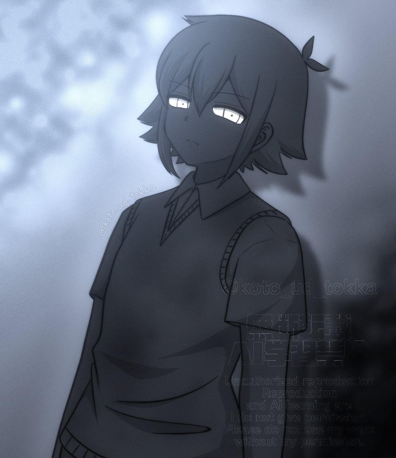 hisaho, stranger (omori), omori, highres, 1boy, black hair, black shirt, black sweater vest, blurry, blurry background, closed mouth, collared shirt, looking at viewer, male focus, shirt, short sleeves, solo, sweater vest, twitter username, upper body, watermark, white eyes