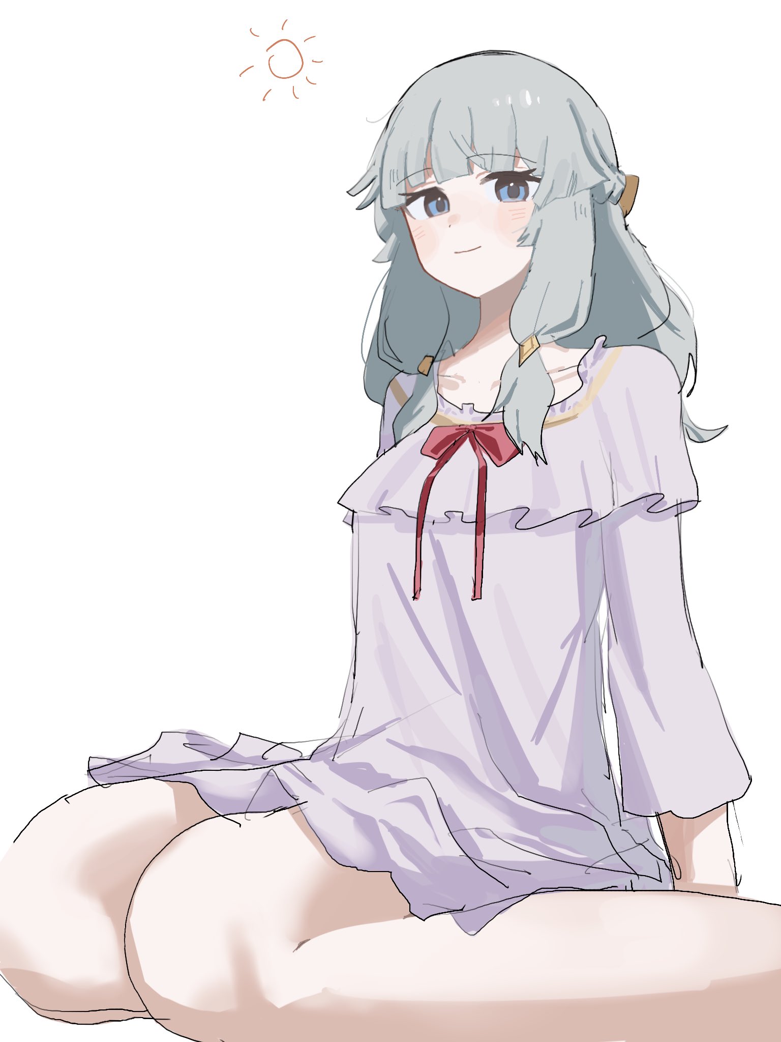 beatrice (rune factory), rune factory, rune factory 5, highres, 1girl, blue eyes, blush, bow, dress, grey hair, long hair, looking at viewer, official alternate costume, pajamas, red bow, rfo 2011, sitting, solo, squeans, wariza, white dress, white pajamas
