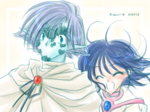 amelia wil tesla seyruun, zelgadiss graywords, slayers, lowres, 1boy, 1girl, blue eyes, blue hair, blush, couple, elf, golem, hetero, pentacle, pointy ears, purple hair, short hair, smile, white background