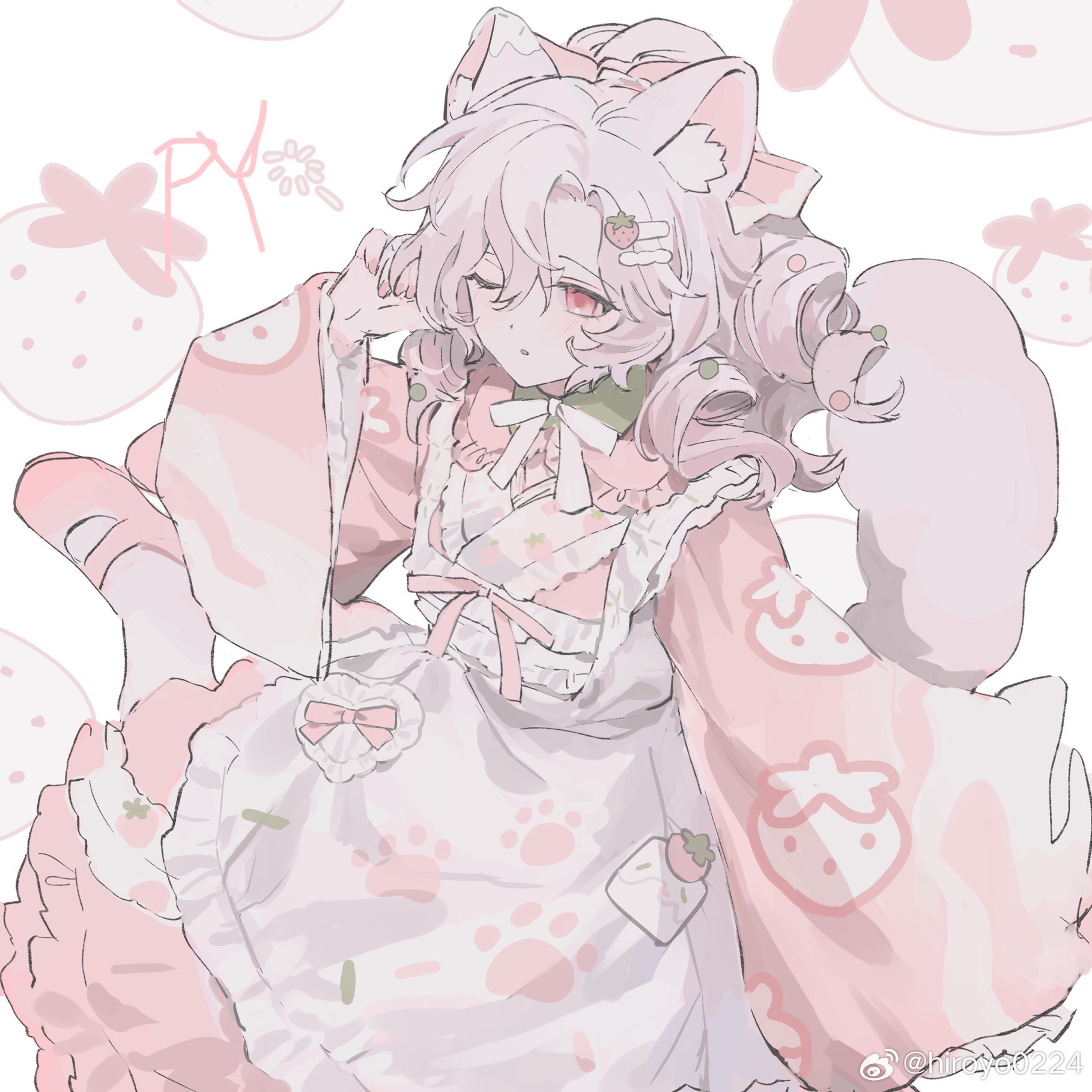 original, chinese commentary, commentary request, highres, 1girl, ;o, animal ear fluff, animal ears, apron, artist name, bow, curtained hair, drill hair, drill ponytail, food-themed background, food-themed hair ornament, food print, frilled apron, frilled shirt collar, frills, fruit print, hair bow, hair ornament, hairclip, heart, high ponytail, hiroyo0224, japanese clothes, kimono, light blush, long hair, long sleeves, looking ahead, maid, mary janes, neck ribbon, one eye closed, pale color, parallel hairclips, parted lips, paw print, paw print pattern, pink bow, pink eyes, pink kimono, pink shoes, pink theme, ponytail, ribbon, shoes, side part, simple background, single sleeve past fingers, socks, solo, solo focus, strawberry background, strawberry hair ornament, strawberry print, tail raised, wa maid, watermark, weibo watermark, white apron, white background, white hair, white ribbon, white socks, white tail, wide ponytail, wide sleeves