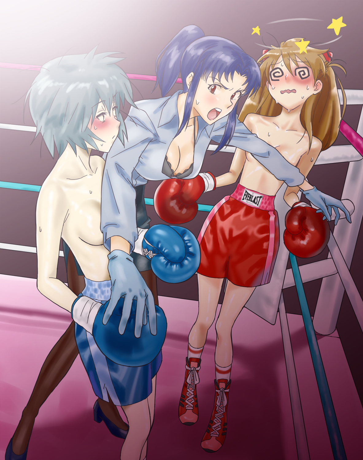 seriomaster, ayanami rei, katsuragi misato, souryuu asuka langley, neon genesis evangelion, highres, 3girls, @ @, angry, backlighting, blank stare, blue hair, bob cut, boxing, boxing gloves, boxing ring, boxing shorts, breasts, brown hair, bruise, bruised eye, cleavage, collarbone, covering breasts, covering privates, dizzy, expressionless, fighting, fighting stance, full body, gloves, gradient background, hair ornament, hairclip, holding hands, injury, interface headset (evangelion), lab coat, latex, latex gloves, lingerie, long hair, long sleeves, looking at another, looking to the side, medium breasts, messy hair, multiple girls, open mouth, ponytail, purple eyes, red eyes, red shoes, red shorts, shadow, shoes, short hair, shorts, small breasts, sneakers, sponsor, star (symbol), sweat, teeth, thighhighs, topless female, underwear, upper teeth only, white thighhighs