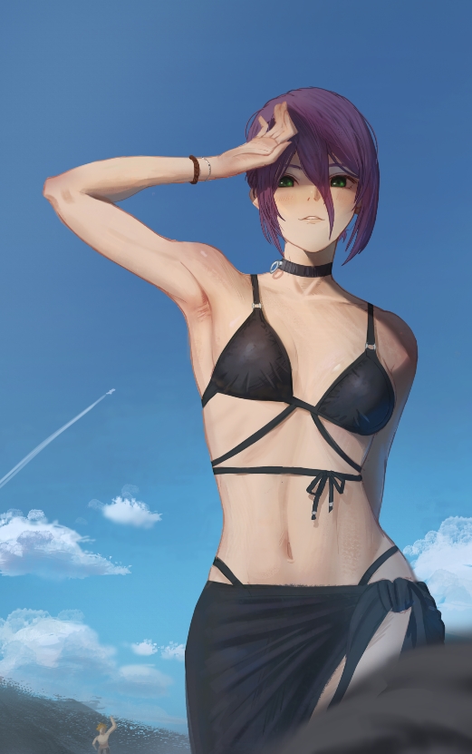 manyuuu, reze (chainsaw man), chainsaw man, 1girl, 1other, bikini, black bikini, black choker, black sarong, breasts, choker, cloud, contrail, day, green eyes, grenade pin, hair between eyes, medium breasts, navel, outdoors, parted lips, purple hair, sarong, swimsuit