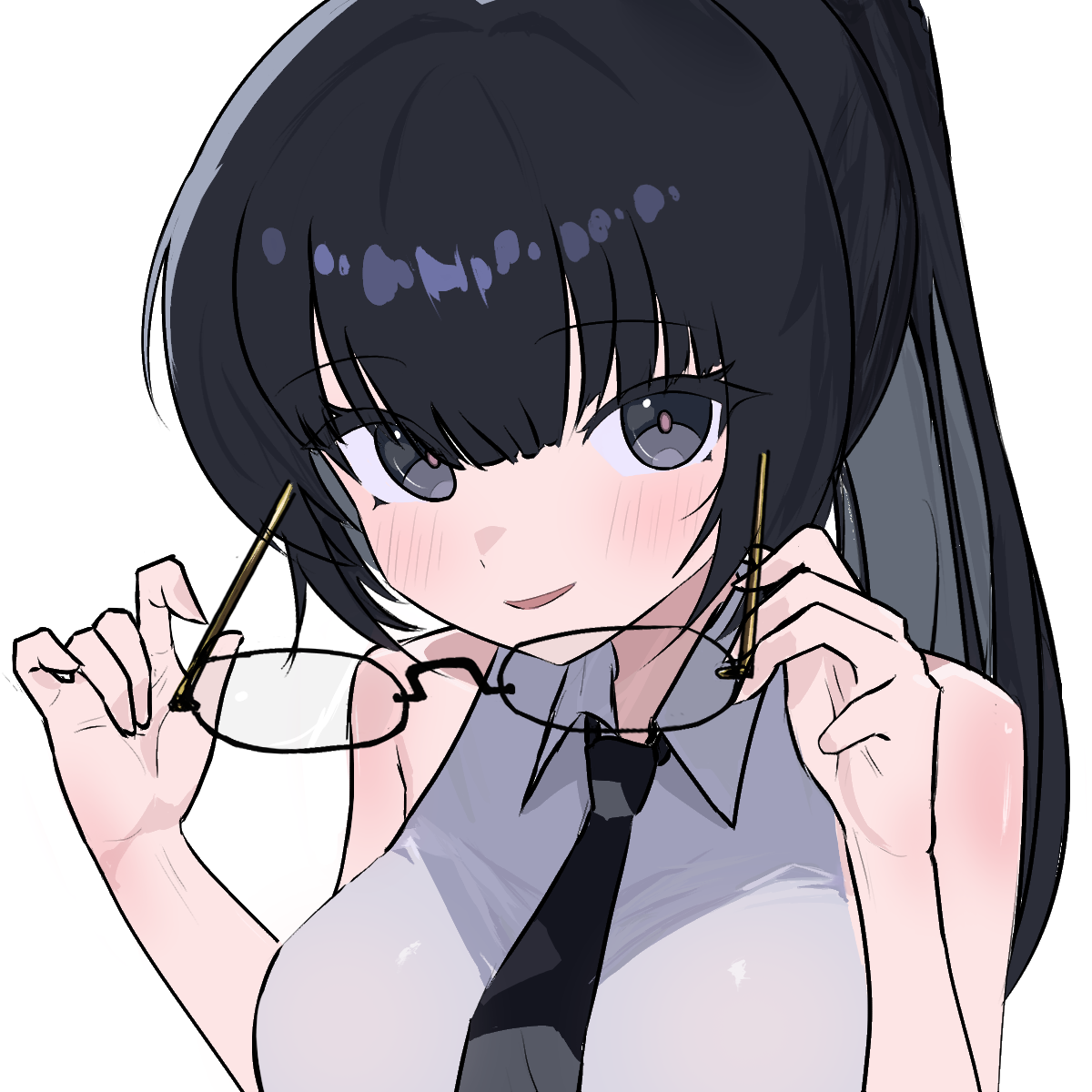 wingcat, original, commentary request, highres, korean commentary, 1girl, bare arms, bare shoulders, black hair, black necktie, blush, breasts, bright pupils, collared shirt, dot nose, from above, glasses, grey eyes, hair between eyes, hands up, holding, holding removed eyewear, large breasts, long hair, looking at viewer, necktie, open mouth, ponytail, portrait, rectangular eyewear, rimless eyewear, shirt, simple background, sleeveless, smile, solo, unworn eyewear, white background, white shirt
