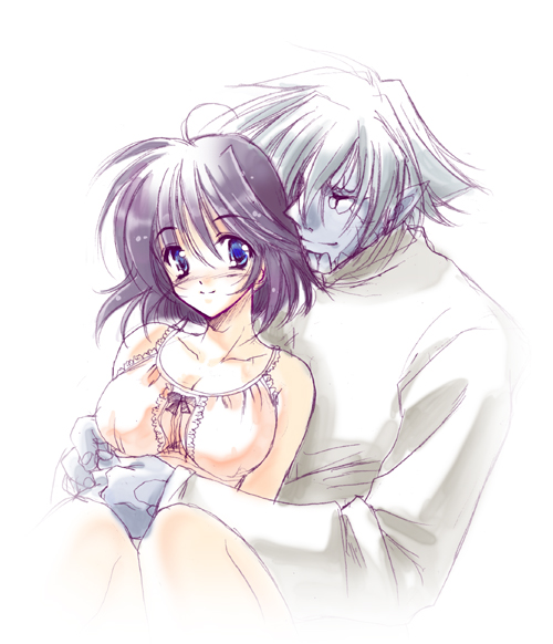amelia wil tesla seyruun, zelgadiss graywords, slayers, 1boy, 1girl, blush, breasts, couple, hetero, hug, hug from behind, purple hair, short hair