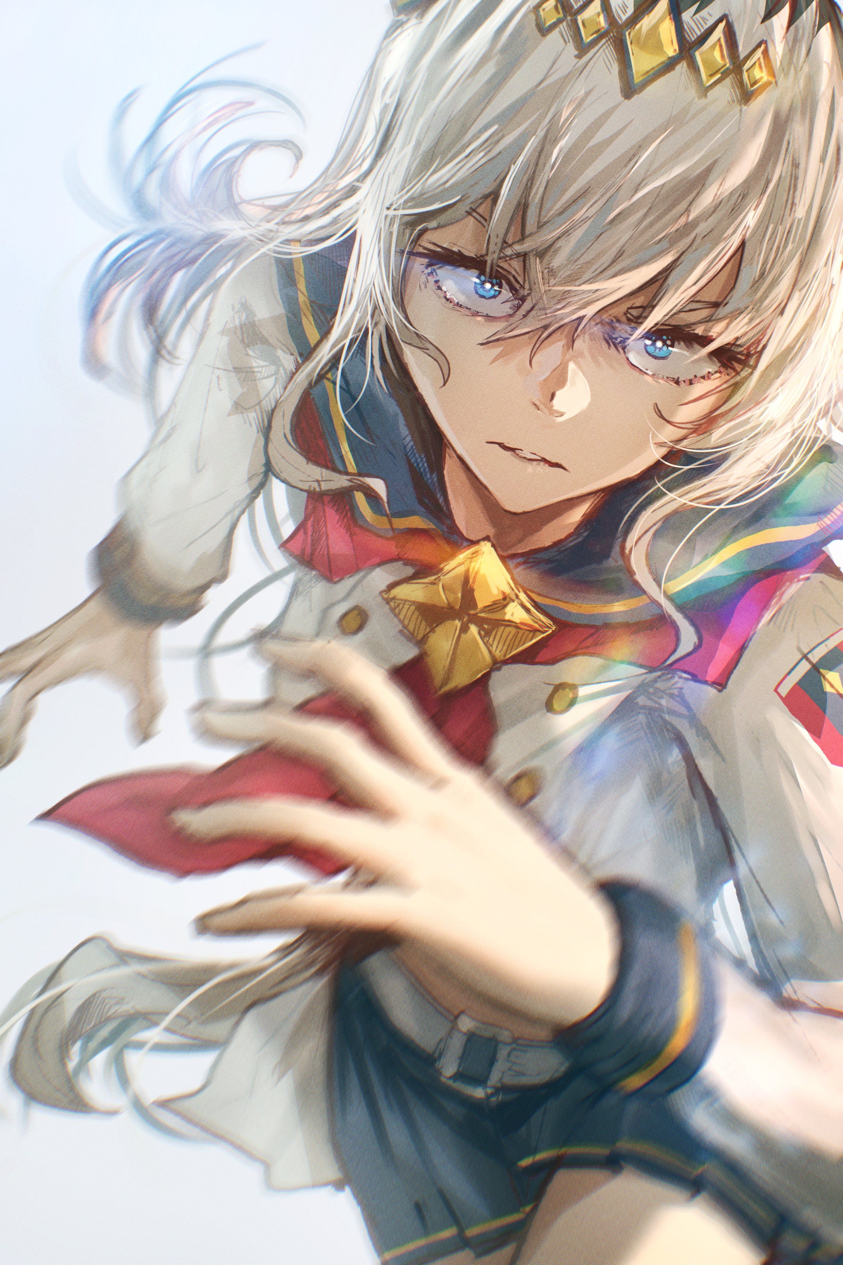 advarcher, oguri cap (starlight beat) (umamusume), oguri cap (umamusume), umamusume, absurdres, commentary, english commentary, highres, 1girl, ahoge, animal ears, blue eyes, blue sailor collar, blue skirt, brooch, closed mouth, ear ornament, grey hair, grey tail, hair between eyes, hair ornament, hairband, horse ears, horse girl, horse tail, jacket, jewelry, long hair, long sleeves, looking at viewer, multicolored hair, neckerchief, pleated skirt, red neckerchief, sailor collar, shirt, simple background, skirt, solo, star brooch, tail, white jacket, white shirt