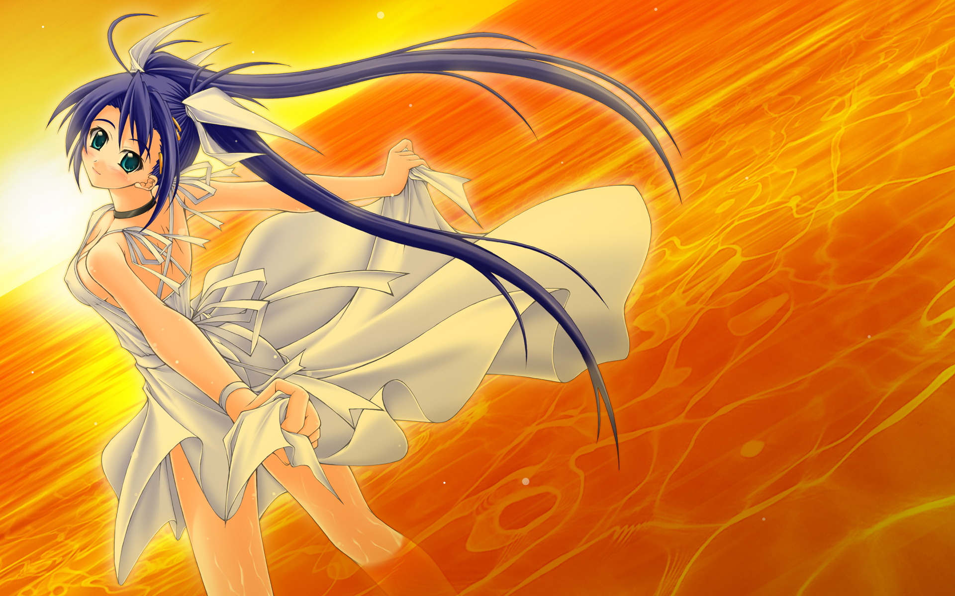 akimoto dai, hayakawa ion, original, highres, aqua eyes, back, breasts, covered erect nipples, long hair, looking back, purple hair, sideboob, solo, sunset, twintails, very long hair, water