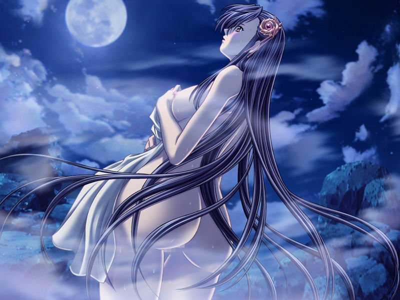 yokota mamoru, kusanagi tou, yatohime zankikou, game cg, source request, 1girl, ass, back, black hair, blush, censored, cloud, female focus, fog, long hair, moon, mosaic censoring, nature, night, night sky, nude, outdoors, sky, solo, standing, towel, yellow eyes, zenra
