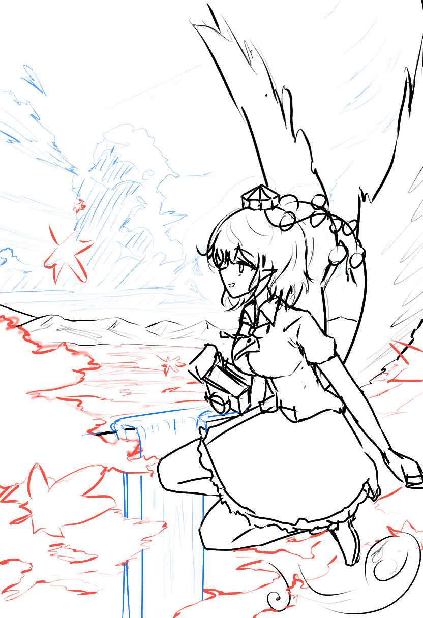 wingcat, shameimaru aya, touhou, commentary request, highres, korean commentary, unfinished, 1girl, autumn, autumn leaves, bow, bowtie, breasts, camera, cliff, cloud, collared shirt, cumulonimbus cloud, day, feathered wings, flying, forest, full body, hat, holding, holding camera, horizon, landscape, large breasts, leaf, limited palette, looking afar, medium hair, mountain, mountainous horizon, nature, outdoors, pointy ears, pom pom (clothes), river, scenery, shirt, short hair, short sleeves, skirt, sky, smile, solo, swept bangs, tokin hat, water, waterfall, wings