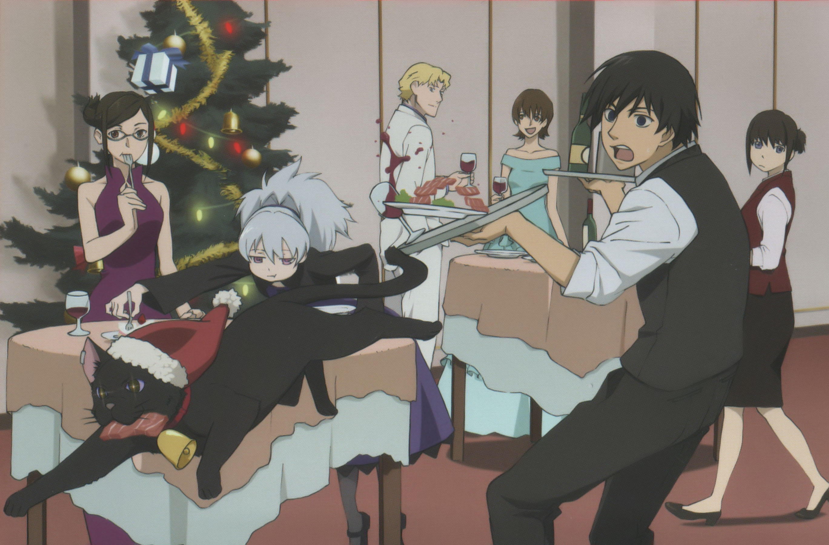 hei (darker than black), kirihara misaki, mao (darker than black), november 11 (darker than black), ootsuka mayu, yin (darker than black), darker than black, highres, official art, scan, 00s, 2boys, 4girls, alcohol, bell, black cat, cat, chalice, christmas, christmas tree, cup, dress, drink, earrings, food, formal clothes, gift, glasses, grey hair, hat, jewelry, jitome, multiple boys, multiple girls, pantyhose, ponytail, santa hat, suit, tray, vest, waiter, waitress, wine