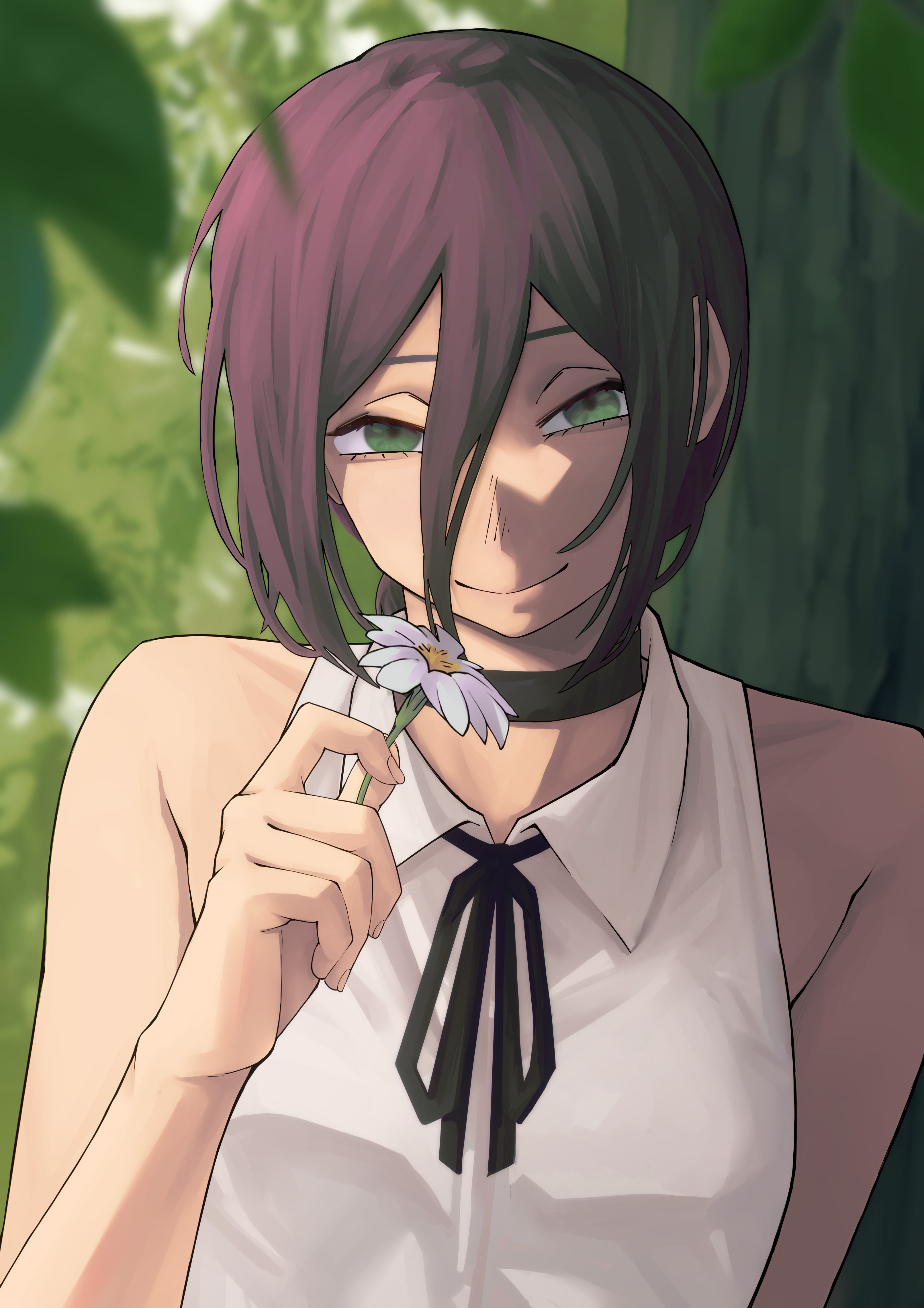 reze (chainsaw man), chainsaw man, absurdres, commentary, highres, 1girl, black choker, black hair, black ribbon, choker, closed mouth, collared shirt, flower, green eyes, hair between eyes, holding, holding flower, outdoors, ribbon, sharkespeare, shirt, sleeveless, sleeveless shirt, smile, solo, tree, white flower, white shirt