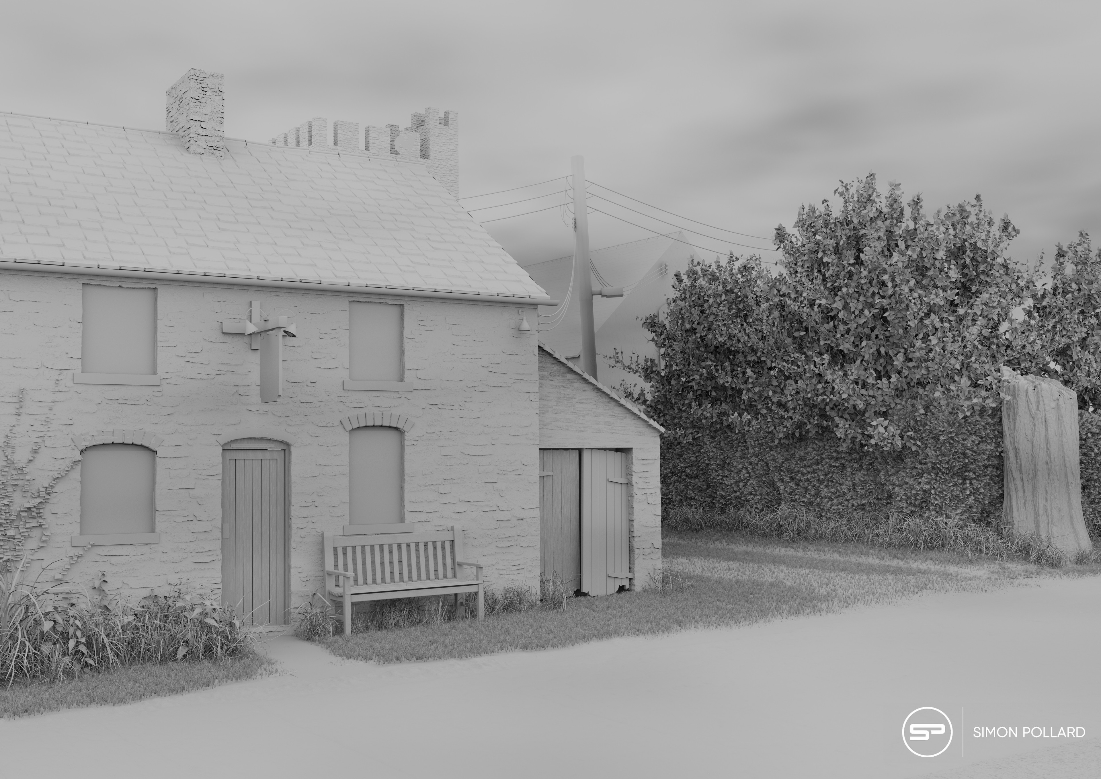 absurdres, highres, 3d, an american werewolf in london, bench, brick wall, bush, chimney, cloud, door, grass, house, lamppost, monochrome, no humans, outdoors, power lines, road, scenery, sign, simon pollard, street, tree, window, wire, wooden door