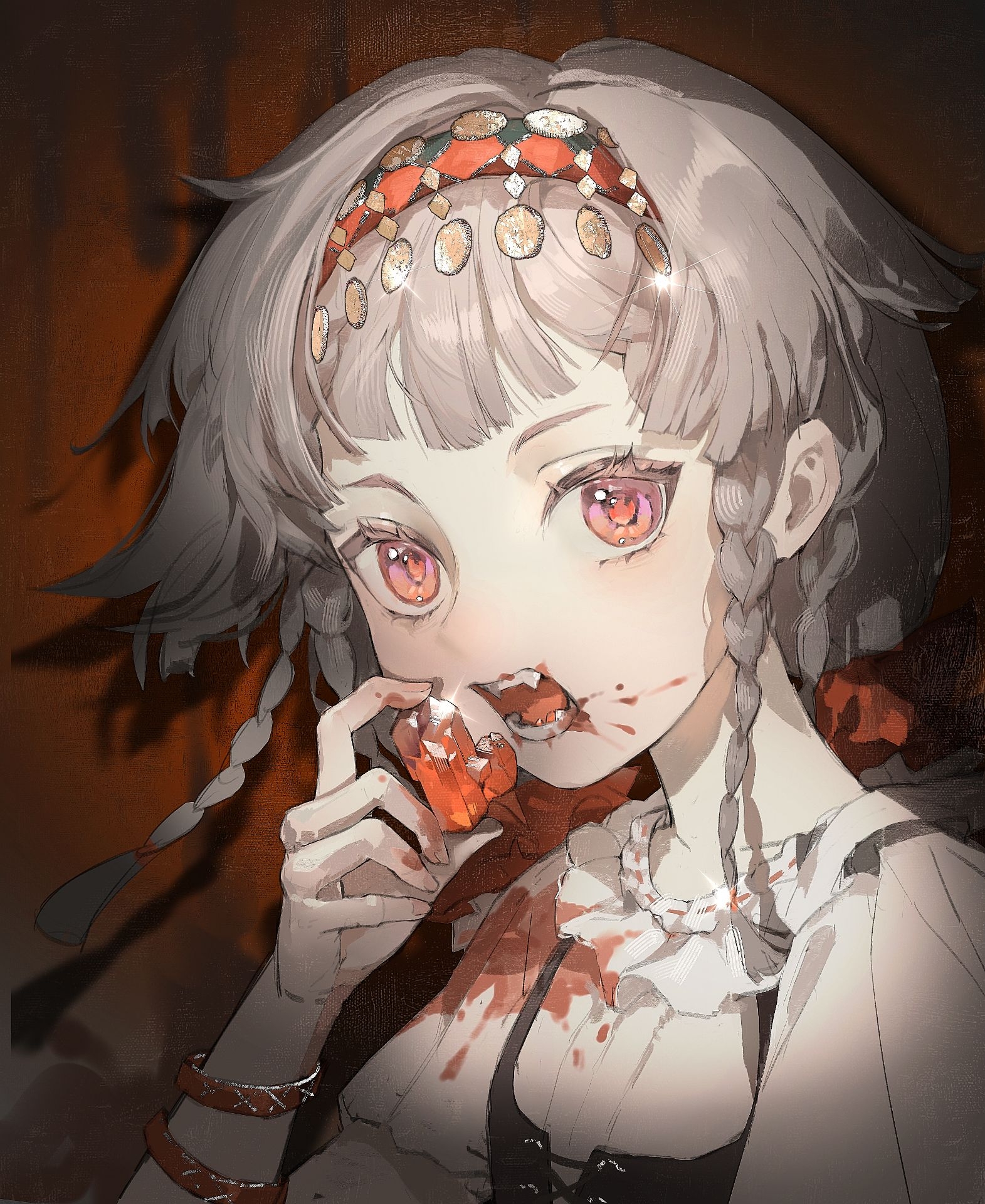 sangxin-bingkuang chang ergouzi, rubuska, reverse:1999, highres, 1girl, ambiguous red liquid, braid, braided sidelocks, fangs, gem, grey hair, hairband, hand up, holding, holding gem, open mouth, portrait, red background, red eyes, red gemstone, red hairband, shadow, shirt, solo, teeth, vignetting, white shirt