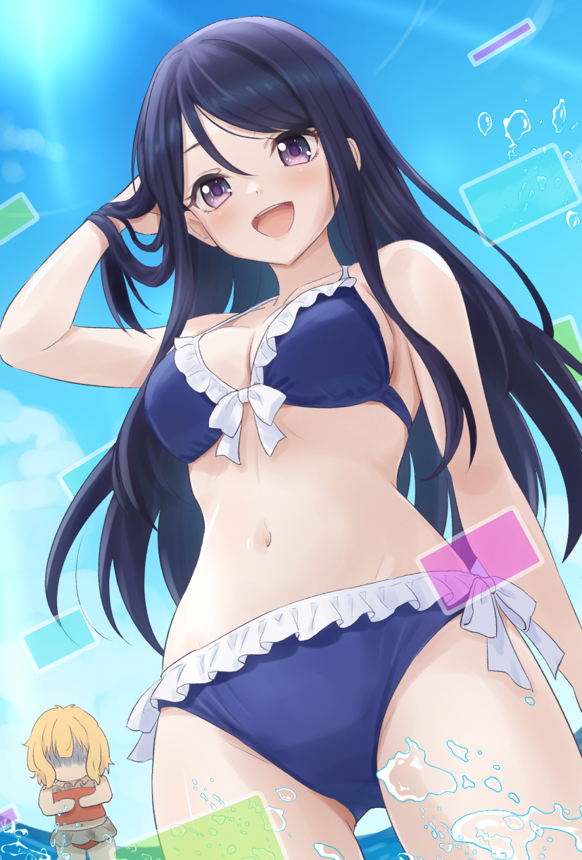 teina, leeds (busamen gachi fighter), seika (busamen gachi fighter), busamen gachi fighter, commentary request, highres, 2girls, :d, bikini, black hair, blonde hair, blue bikini, chibi, day, frilled bikini, frills, hand in own hair, multiple girls, navel, open mouth, outdoors, purple eyes, smile, sunlight, swimsuit, water