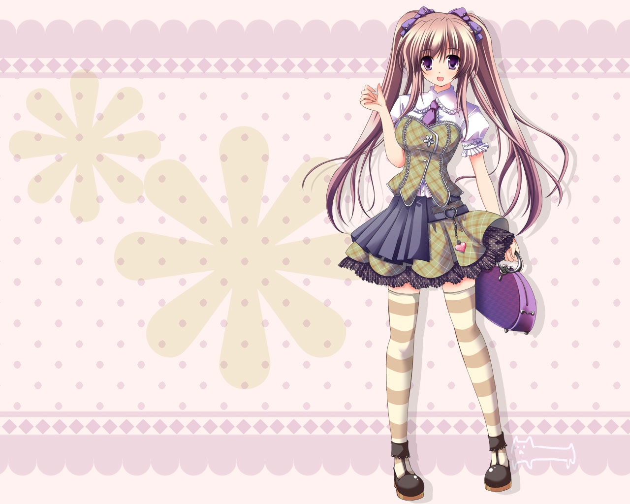 hinata momo, original, brown hair, hair ribbon, legs, long hair, purple eyes, ribbon, solo, striped clothes, striped thighhighs, thighhighs, twintails
