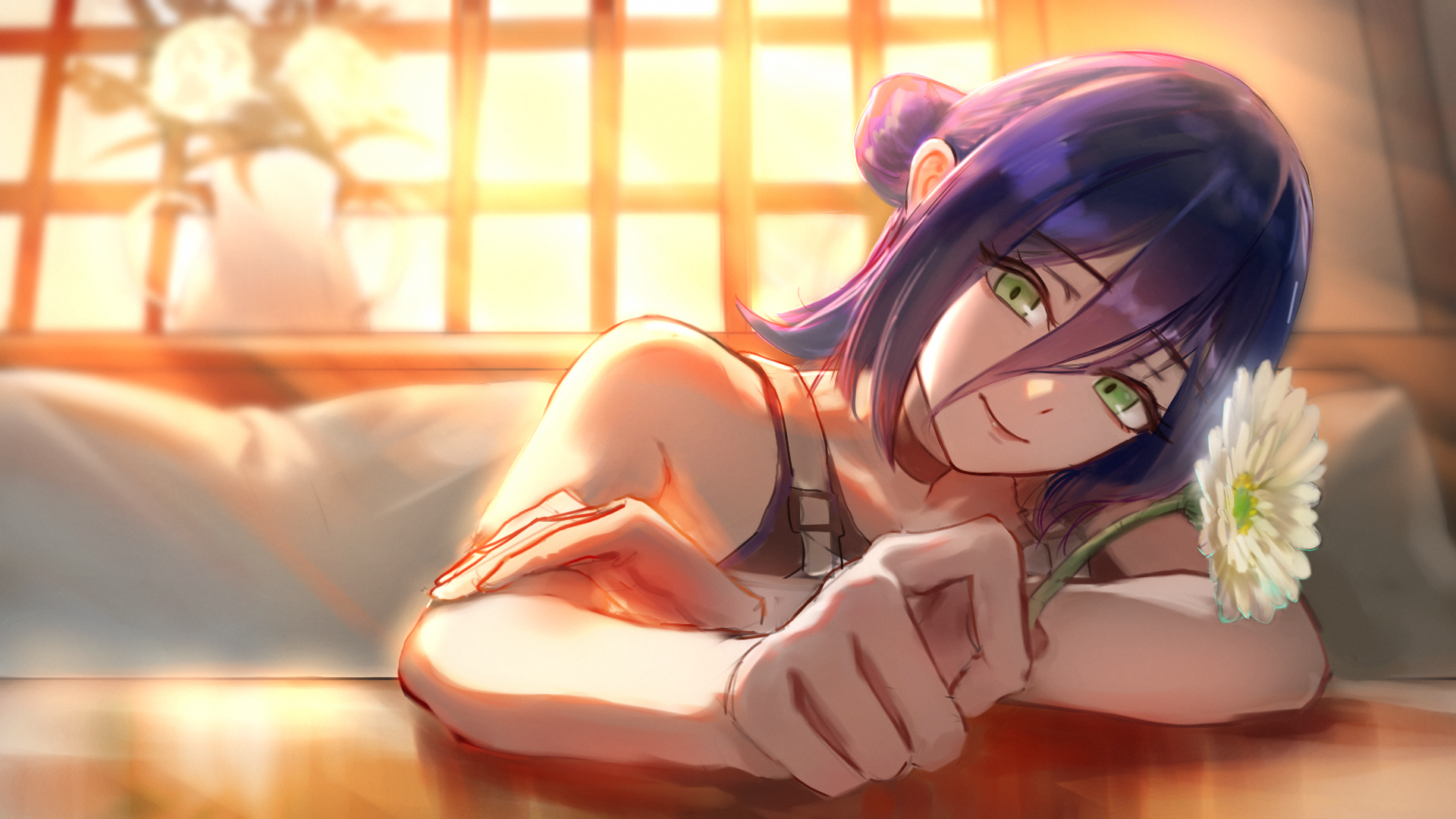 keka (user sgch4854), reze (chainsaw man), chainsaw man, commentary, highres, 1girl, black choker, choker, closed mouth, flower, green eyes, hair between eyes, hair bun, holding, holding flower, indoors, looking at viewer, purple hair, smile, solo, table, vase, white flower, window