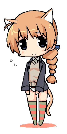 lynette bishop, strike witches, world witches series, bad id, bad pixiv id, lowres, 00s, 1girl, animal ears, braid, chibi, female focus, pants, single braid, smile, solo, striped clothes, striped pants, striped thighhighs, tail, thighhighs