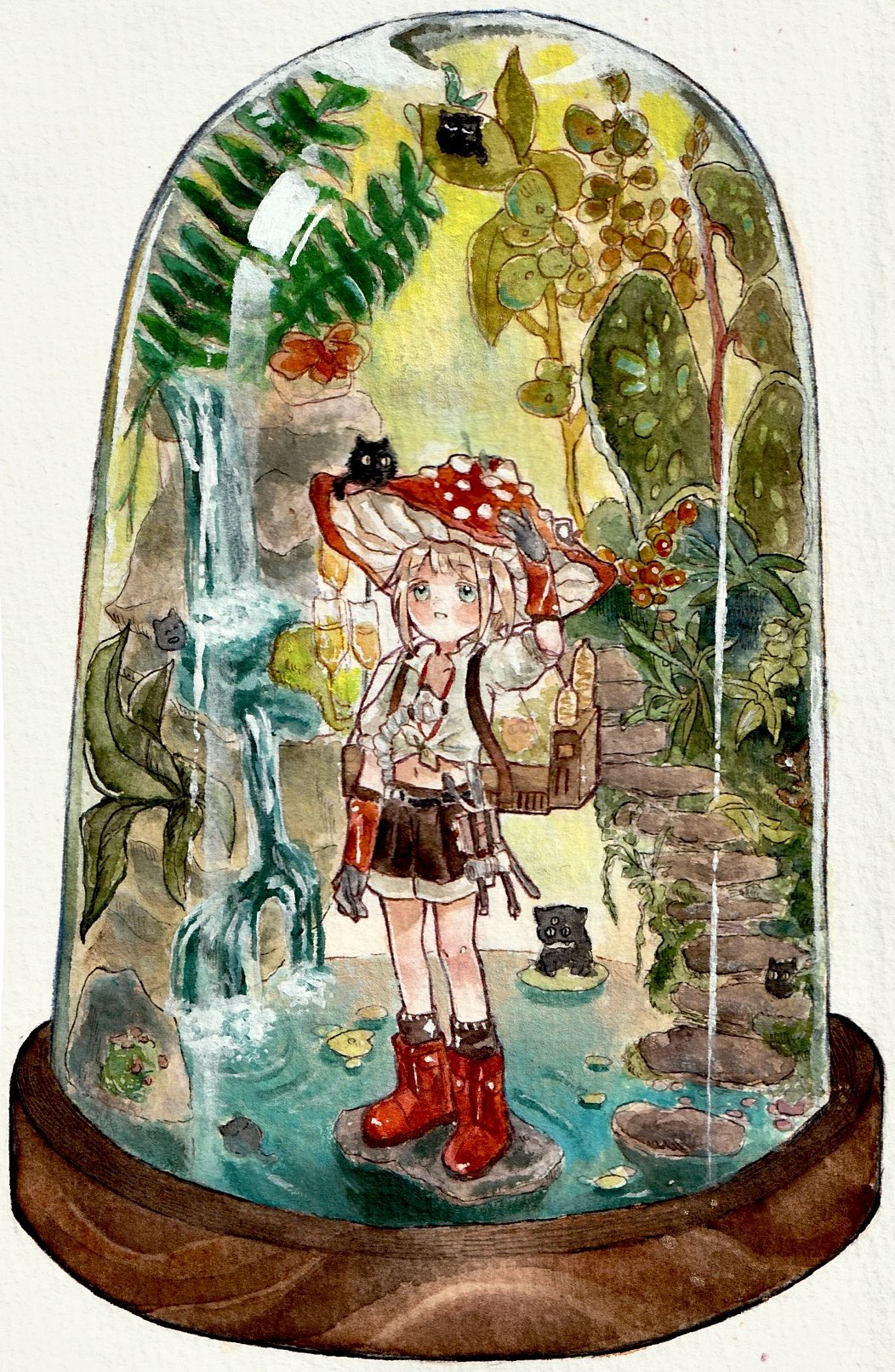 wonuwi, carbuncle (reverse:1999), ezra theodore, reverse:1999, highres, painting (medium), traditional media, watercolor (medium), 1boy, bell jar, blonde hair, blue eyes, boots, brown shorts, creature, full body, gloves, hand up, hat, in container, male focus, midriff, mushroom hat, navel, parted lips, plant, red boots, red gloves, red hat, rock, shirt, short hair, shorts, solo, standing, water, waterfall, white shirt