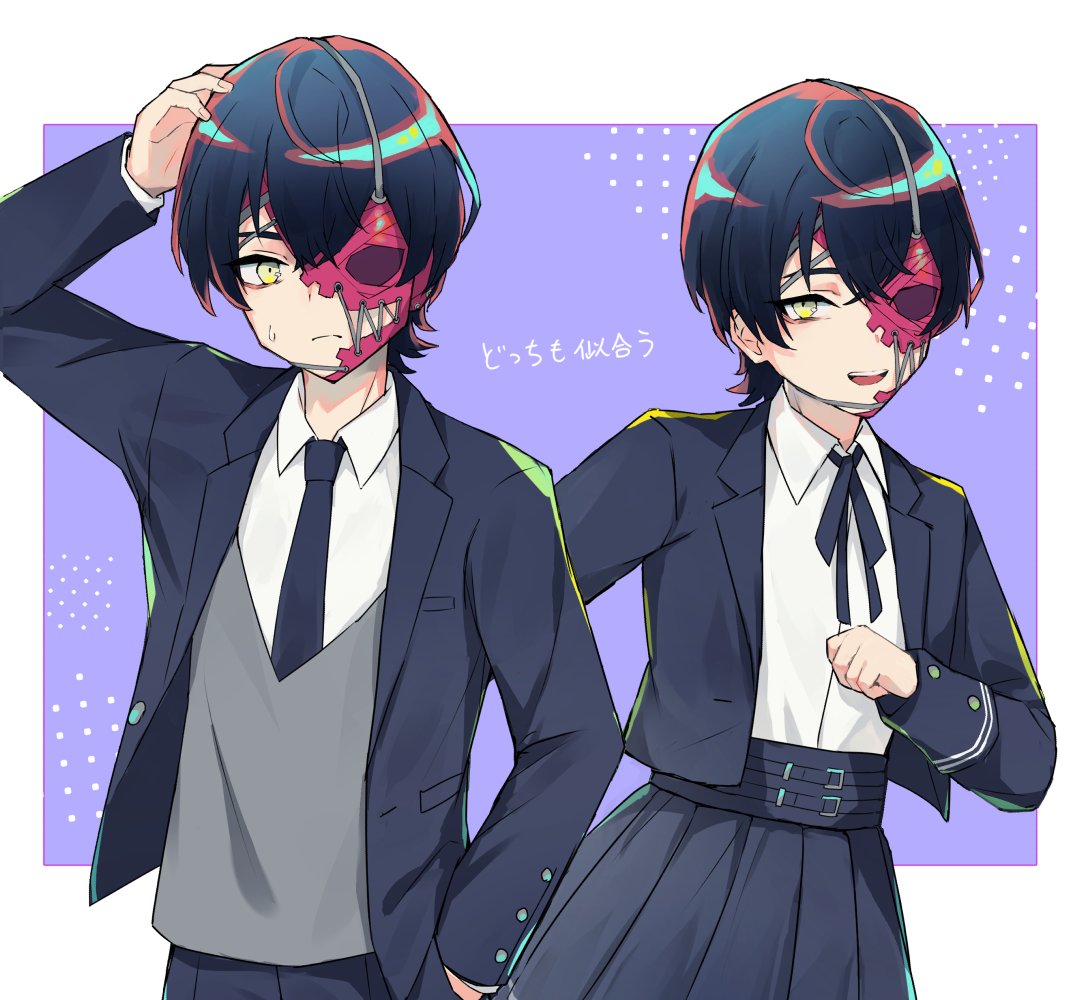 kasugano (owf ksg), commentary, 2girls, alternate costume, armor, black hair, black jacket, black necktie, black ribbon, black skirt, black sleeve cuffs, collared shirt, crossdressing, crossdressing (ftm), dual persona, frown, grey vest, hair between eyes, half mask, hand in pocket, hand on own head, jacket, lapels, long sleeves, looking at viewer, mask, multiple girls, neck ribbon, necktie, notched lapels, open clothes, open jacket, purple background, rei shimobe, reverse trap, ribbon, shirt, short hair, shuten order, skirt, sweatdrop, two-tone background, upper body, vest, white background, white shirt, yellow eyes