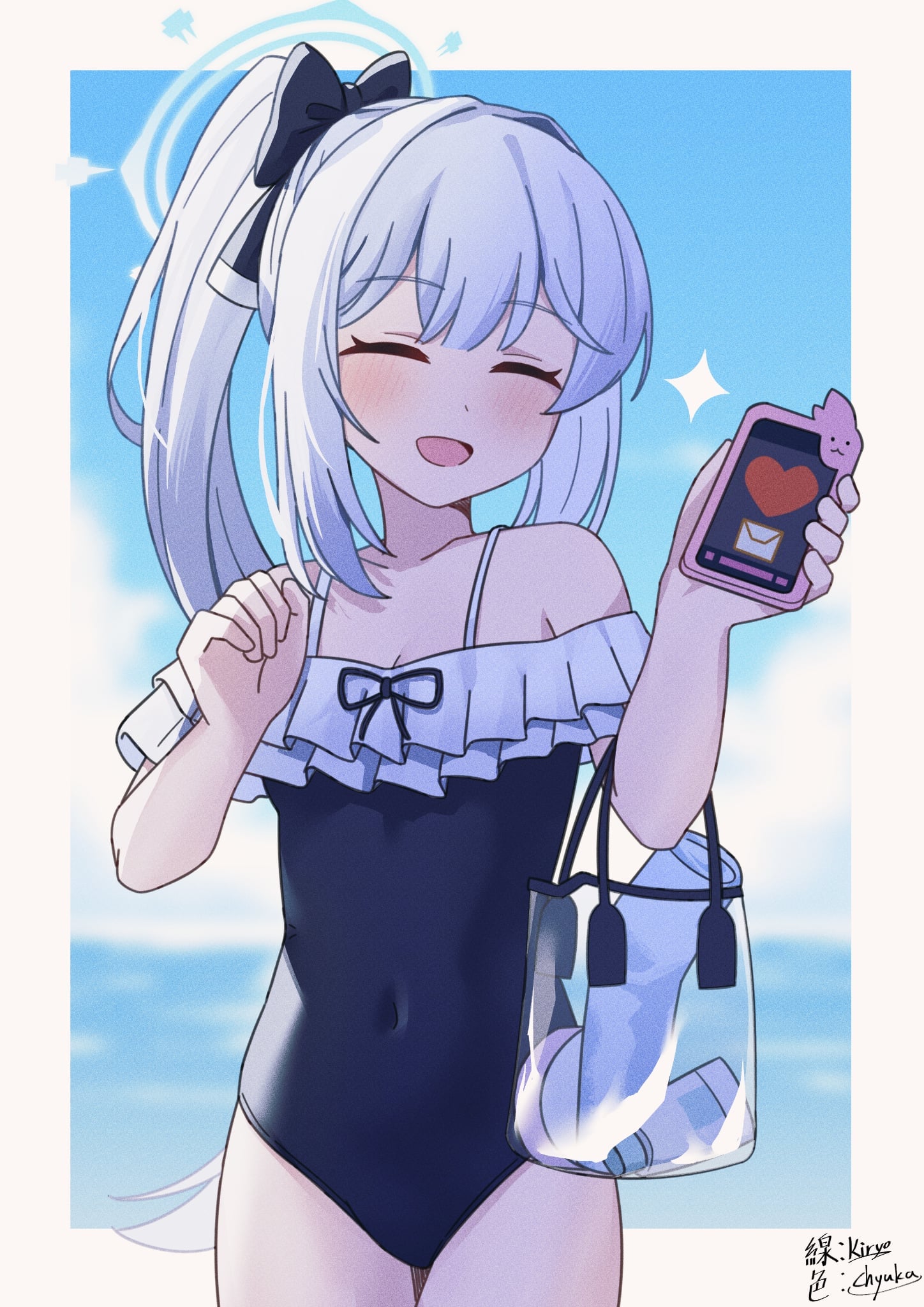 kiryo (fcu4an), miyako (blue archive), miyako (swimsuit) (blue archive), blue archive, highres, 1girl, bag, beach, blue halo, blue one-piece swimsuit, blue sky, casual one-piece swimsuit, cellphone, closed eyes, cloud, covered navel, cowboy shot, day, frilled one-piece swimsuit, frills, halo, horizon, long hair, ocean, off-shoulder one-piece swimsuit, off shoulder, official alternate costume, one-piece swimsuit, outdoors, phone, ponytail, sky, smartphone, smile, solo, swimsuit, two-tone one-piece swimsuit