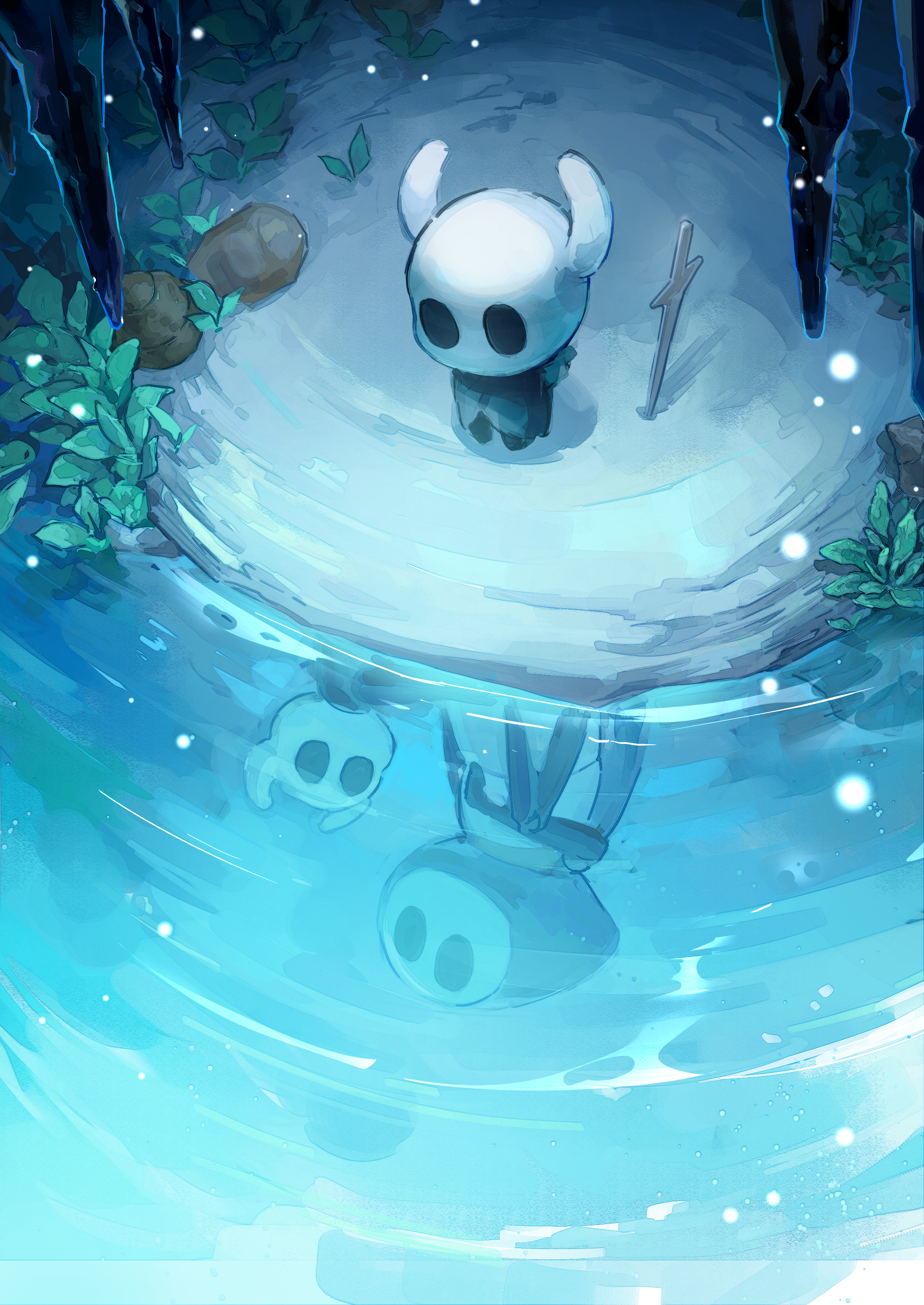 knight (hollow knight), quirrel, hollow knight, absurdres, commentary, highres, 1boy, 1other, arthropod boy, bamsot, different reflection, grey cloak, hollow eyes, horned mask, mask, nail (hollow knight), plant, planted, reflection, reflective water, stalactite, water, white mask