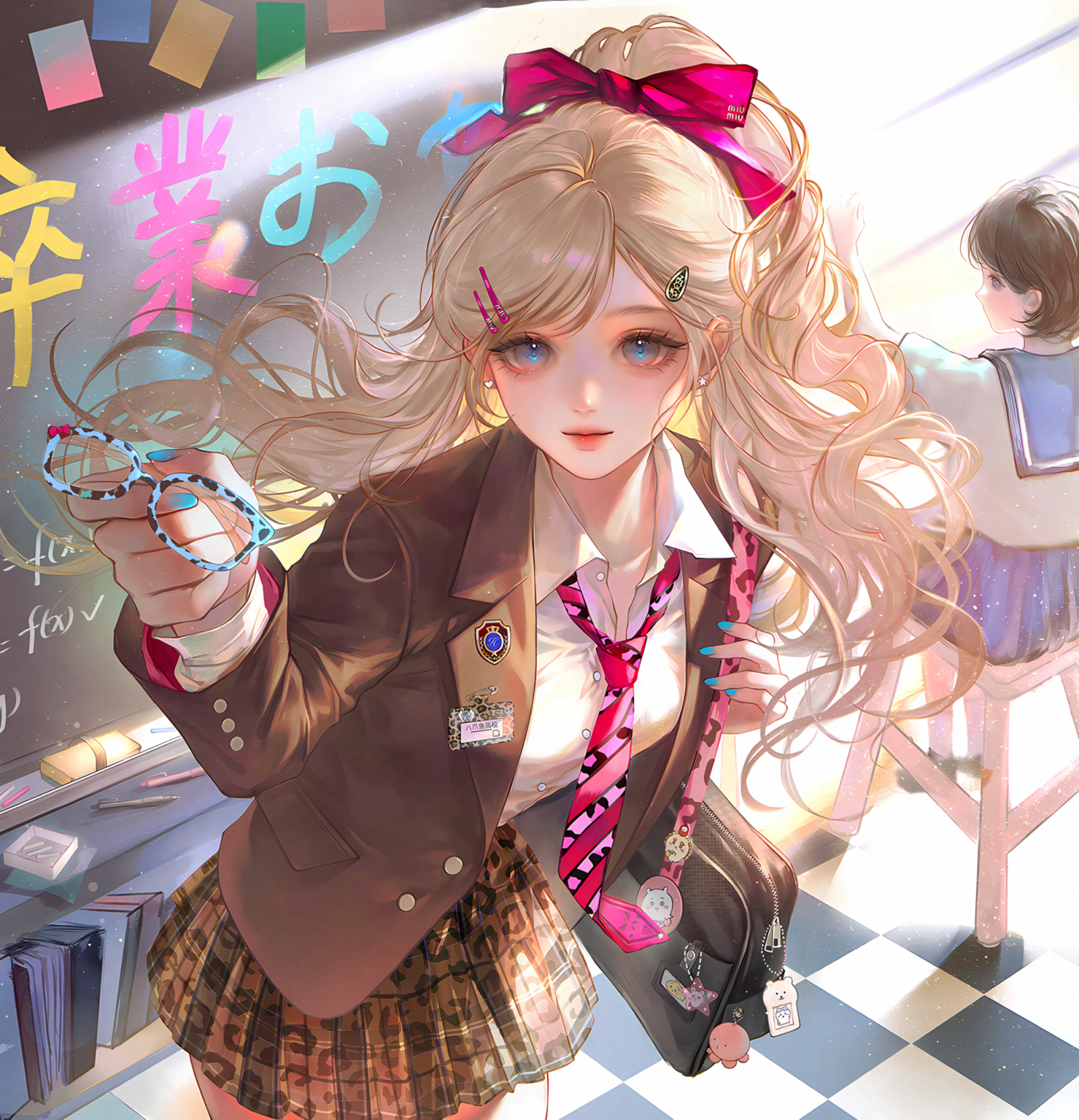 ling0, original, highres, large variant set, variant set, 2girls, bag, blazer, blonde hair, blue eyes, bow, brown jacket, chalkboard, charm (object), hair bow, hair ornament, hairclip, holding, indoors, jacket, jewelry, lips, long hair, looking at viewer, multiple girls, nail polish, necktie, plaid clothes, plaid skirt, pleated skirt, ponytail, ribbon, school bag, school uniform, shirt, skirt, white shirt
