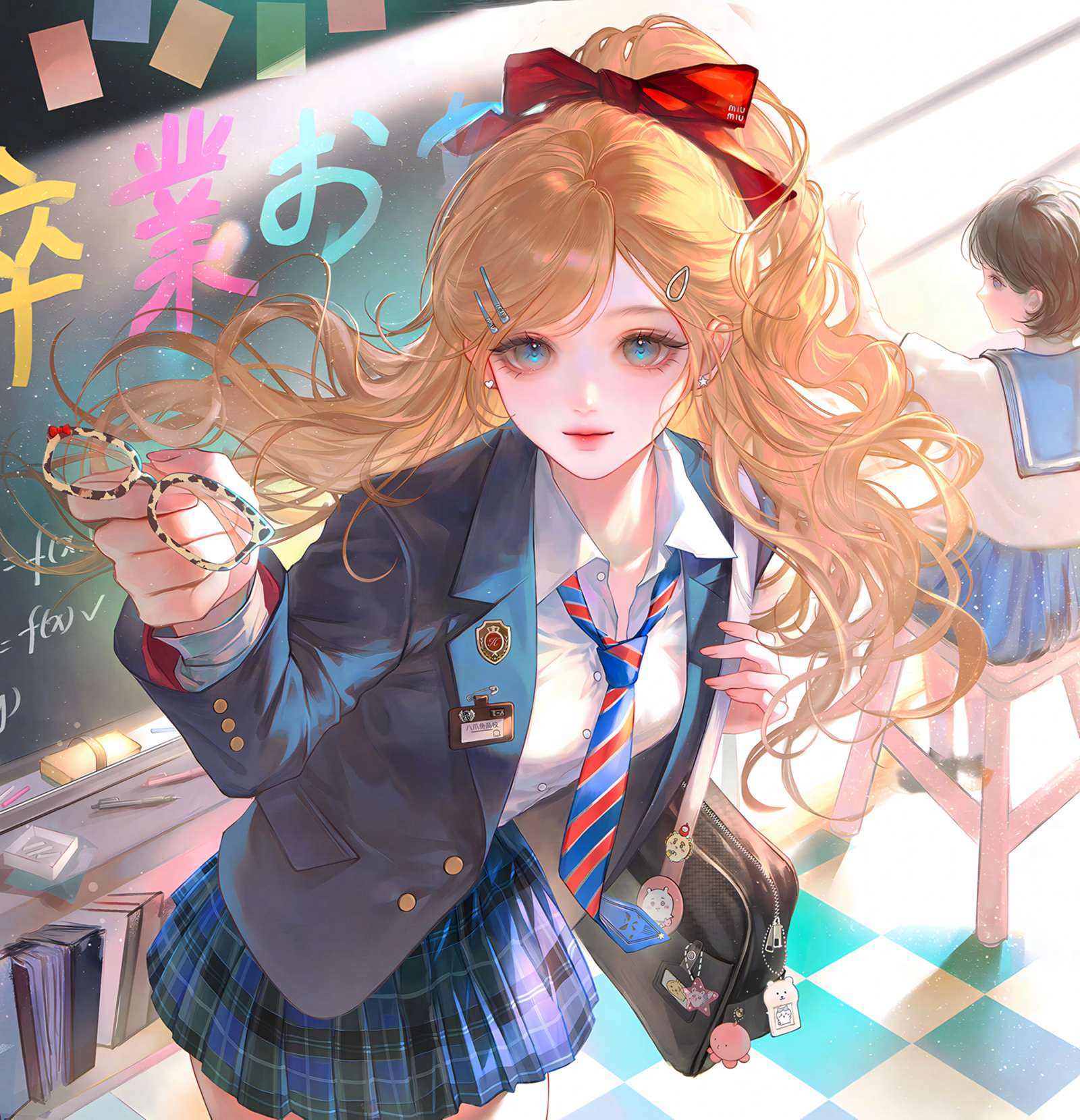 ling0, original, highres, large variant set, variant set, 2girls, 3girls, badge, bag, blazer, blonde hair, blue eyes, blue skirt, bow, chalkboard, charm (object), classroom, collared shirt, earrings, hair bow, hair ornament, hairclip, holding, indoors, jacket, jewelry, long hair, long sleeves, looking at viewer, multiple girls, necktie, plaid clothes, plaid skirt, pleated skirt, ponytail, red bow, school bag, school uniform, shirt, skirt, smile, standing, white shirt