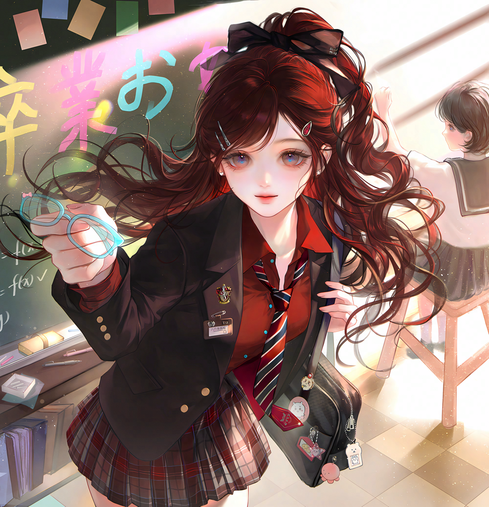 ling0, original, highres, large variant set, variant set, 2girls, bag, black jacket, blazer, blue eyes, bow, brown hair, chalkboard, classroom, collared shirt, glasses, hair ornament, hair ribbon, hairclip, holding, indoors, jacket, long hair, long sleeves, looking at viewer, makeup, multiple girls, necktie, plaid clothes, plaid skirt, pleated skirt, ponytail, red hair, red shirt, red skirt, ribbon, school bag, school uniform, serafuku, shirt, skirt, smile, standing, unworn eyewear