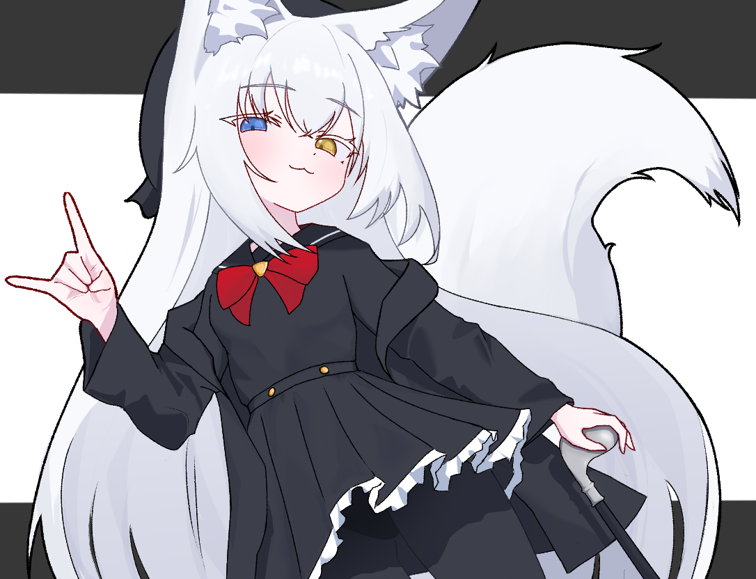 wingcat, original, character request, commentary, 1girl, :3, animal ear fluff, animal ears, beret, black border, black hat, black pantyhose, black sailor collar, black serafuku, black skirt, blue eyes, blush, border, bow, bowtie, breasts, cane, closed mouth, dot nose, dutch angle, fox ears, fox girl, fox shadow puppet, fox tail, from below, hair between eyes, hand up, hat, heterochromia, holding, holding cane, long hair, long sleeves, looking at viewer, pale skin, pantyhose, pleated skirt, raised eyebrows, red bow, sailor collar, school uniform, serafuku, shirt, simple background, skirt, small breasts, smile, solo, standing, tail, upskirt, very long hair, white background, white hair, white tail, white trim, yellow eyes